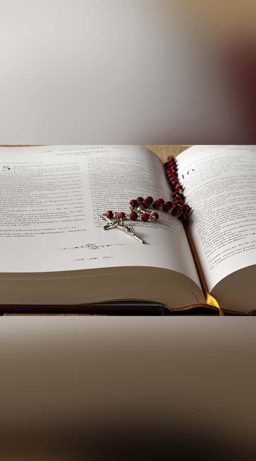 sacrament 500 x 900, red beaded rosary, open book, SD Phone Wallpaper