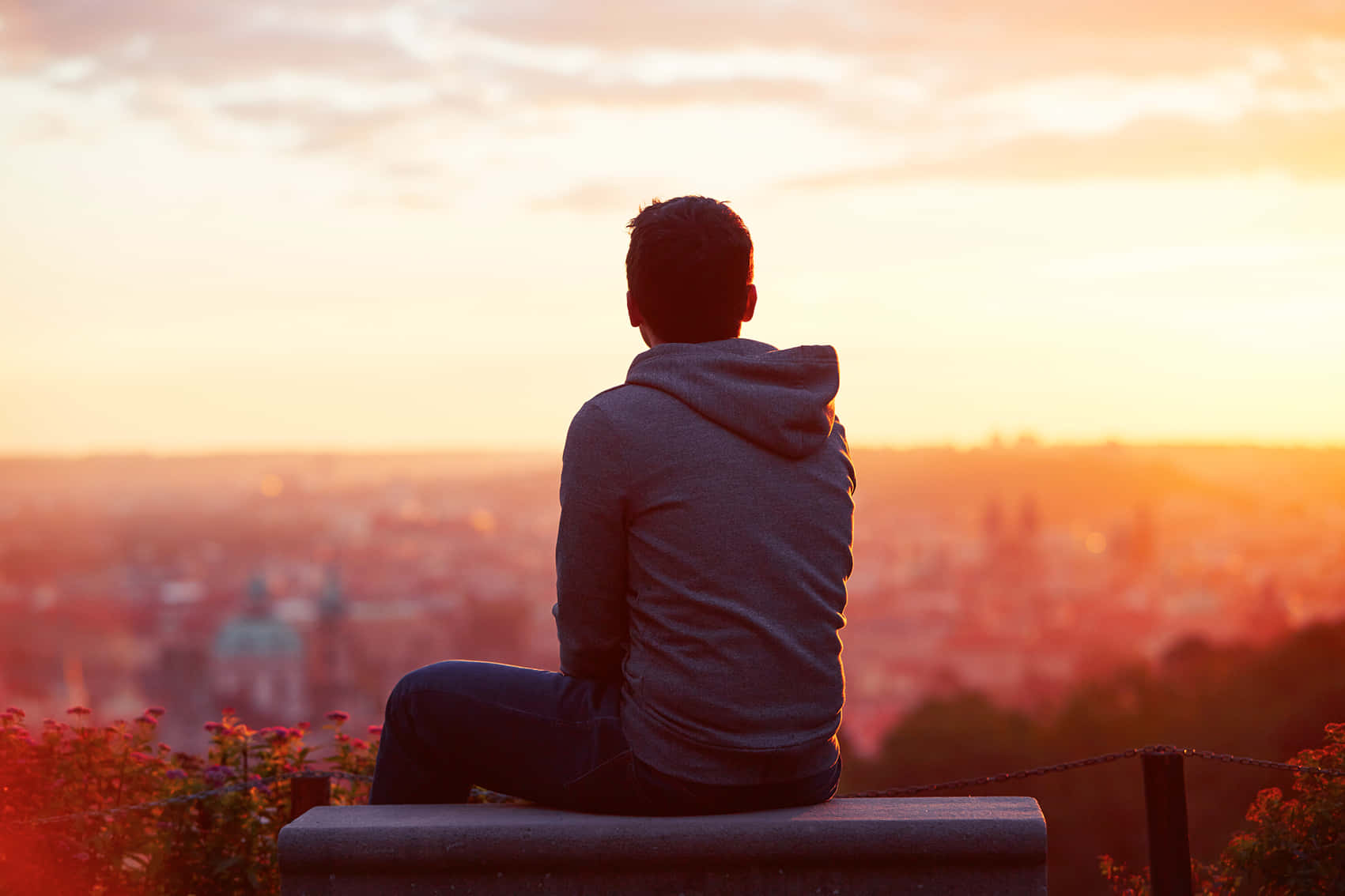 boy, sunset, stone ledge, HD Desktop Wallpaper