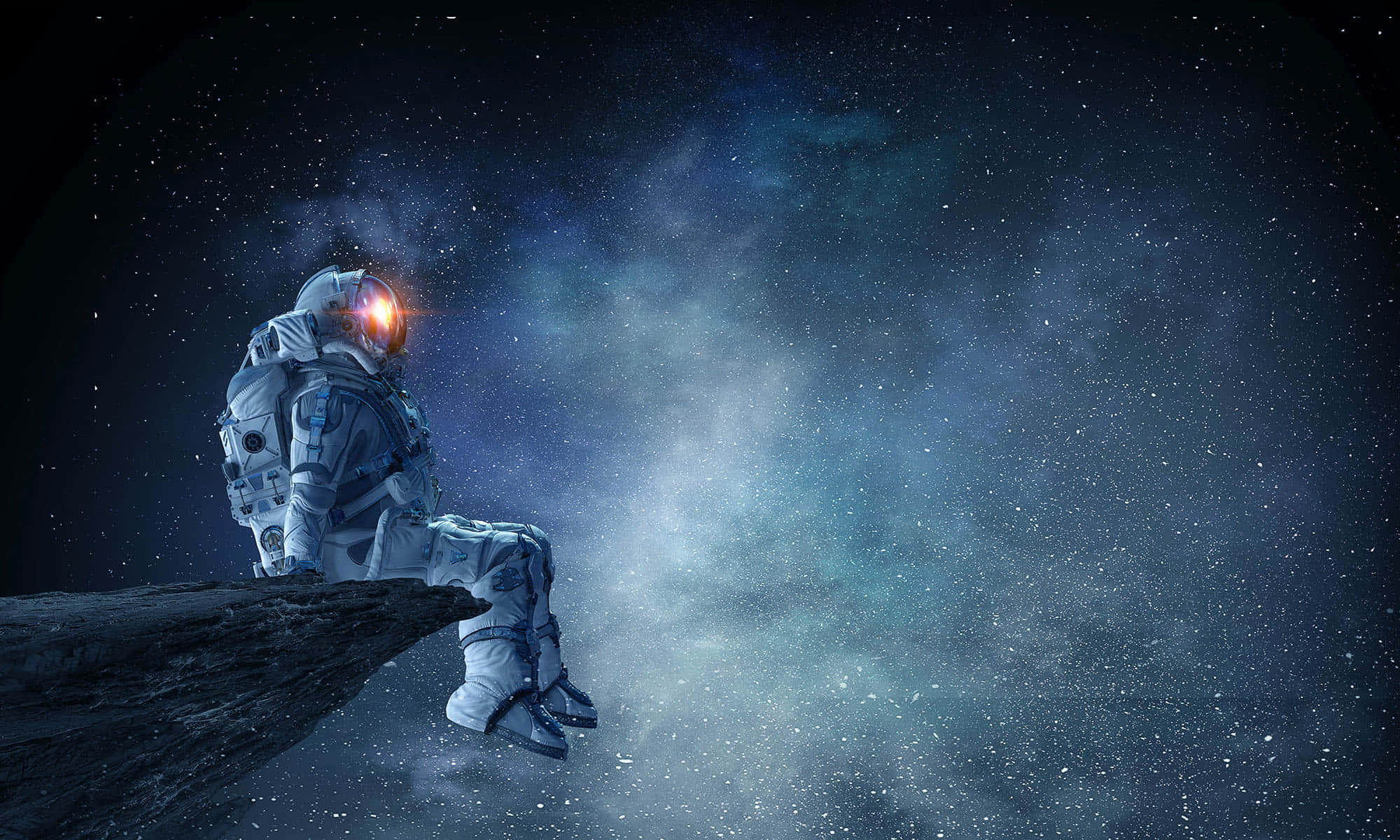 astronaut, rocky outcrop, starry nebula, Full HD Desktop Wallpaper