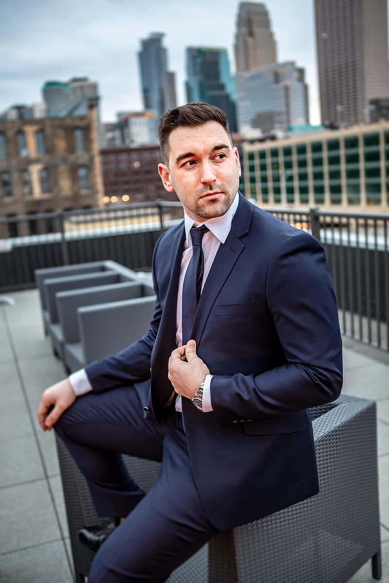 navy suit, rooftop lounge chair, city skyline, SD Phone Wallpaper