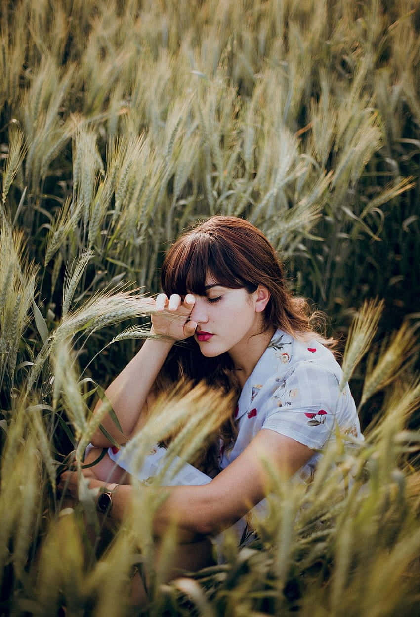 aesthetic girl, grass, golden wheat field, SD Phone Wallpaper