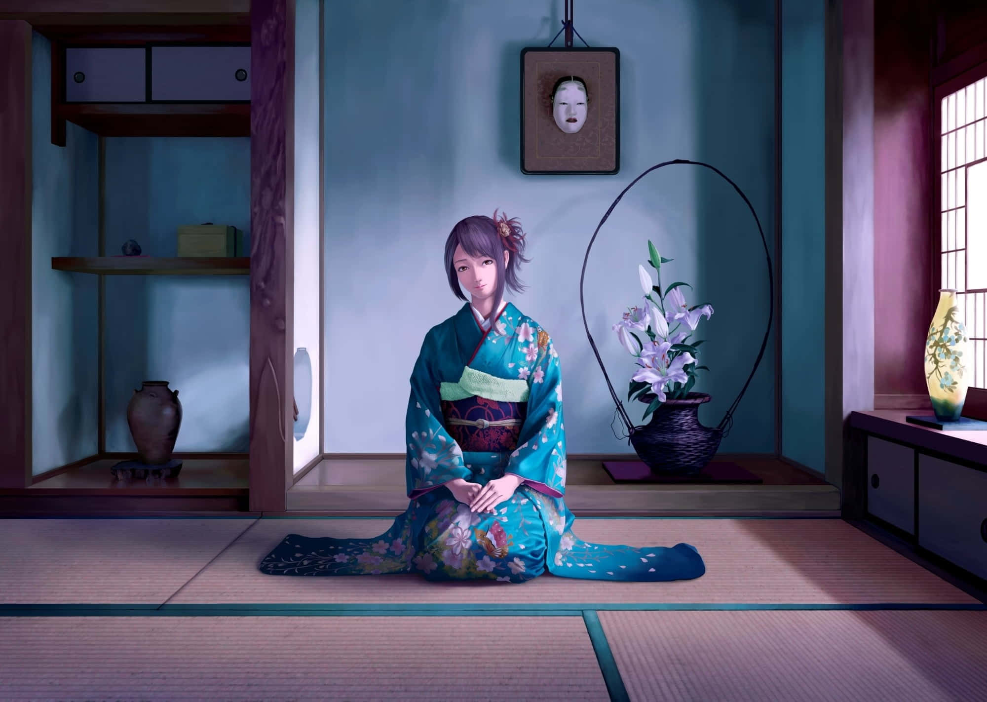 floral blue kimono, tatami mats, traditional Japanese room, Full HD Desktop Wallpaper