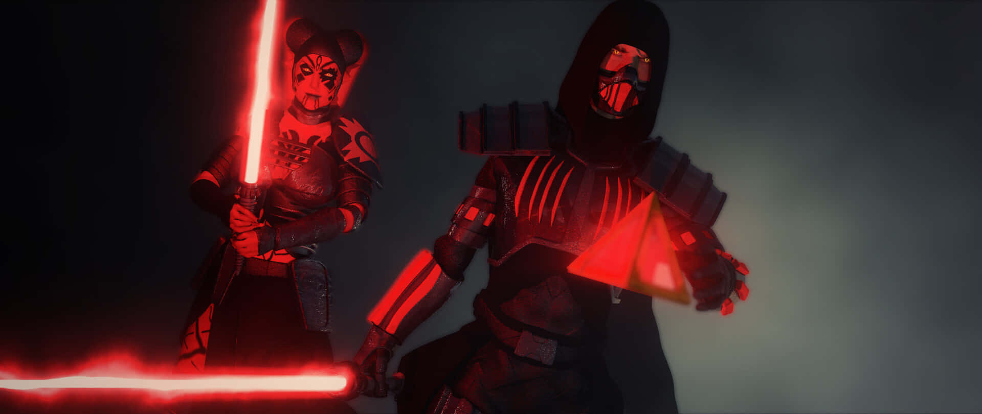 Sith Lord, glowing red lightsabers, dark armor, Full HD Desktop Wallpaper