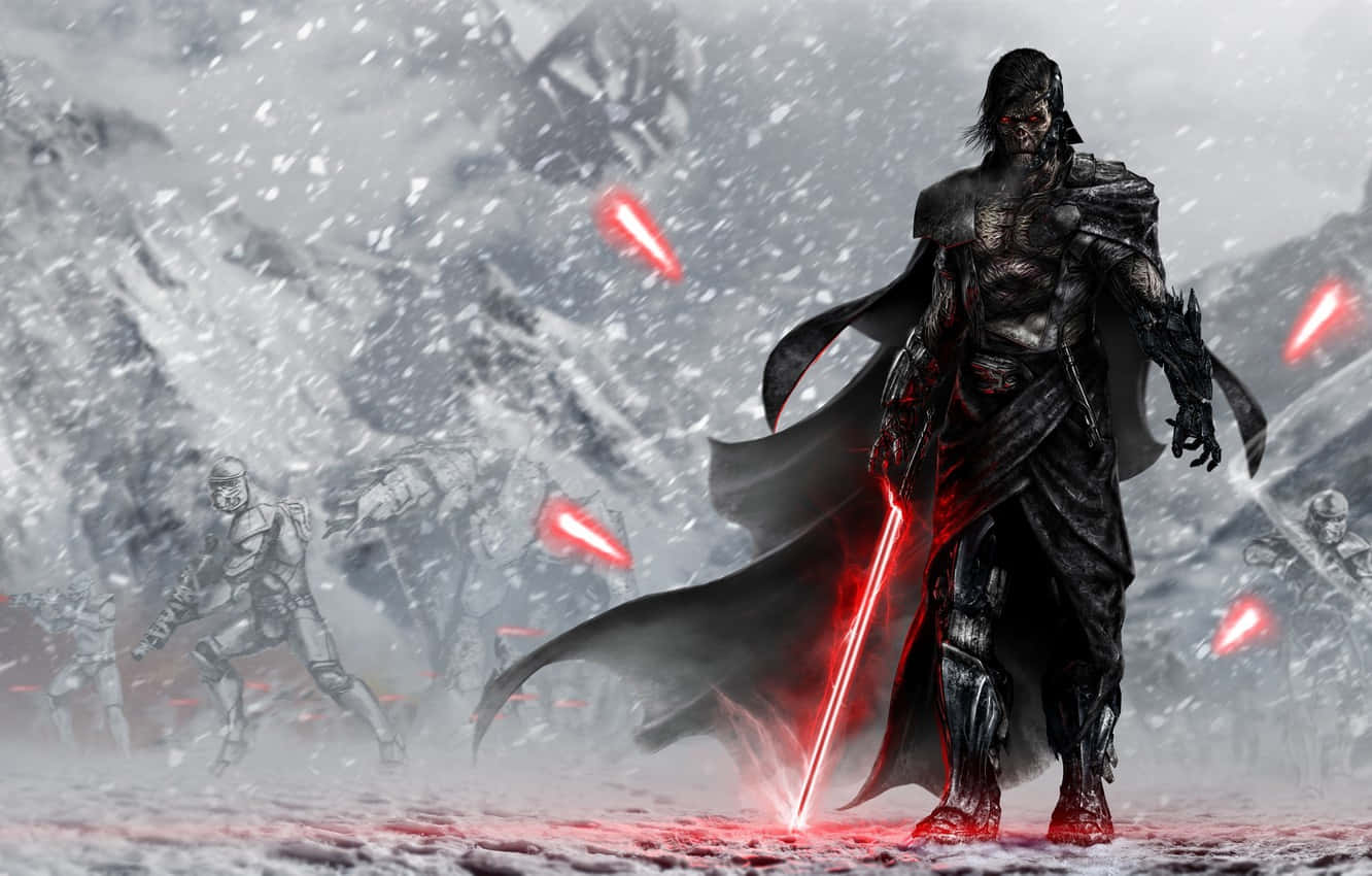 Sith Lord, red lightsaber, snowy battlefield, HD Desktop Wallpaper