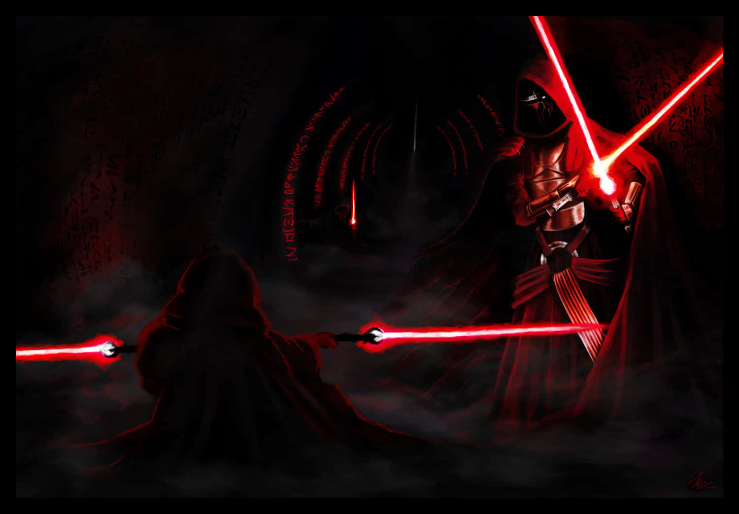 Sith Lord, glowing red lightsabers, dark misty chamber, HD Desktop Wallpaper