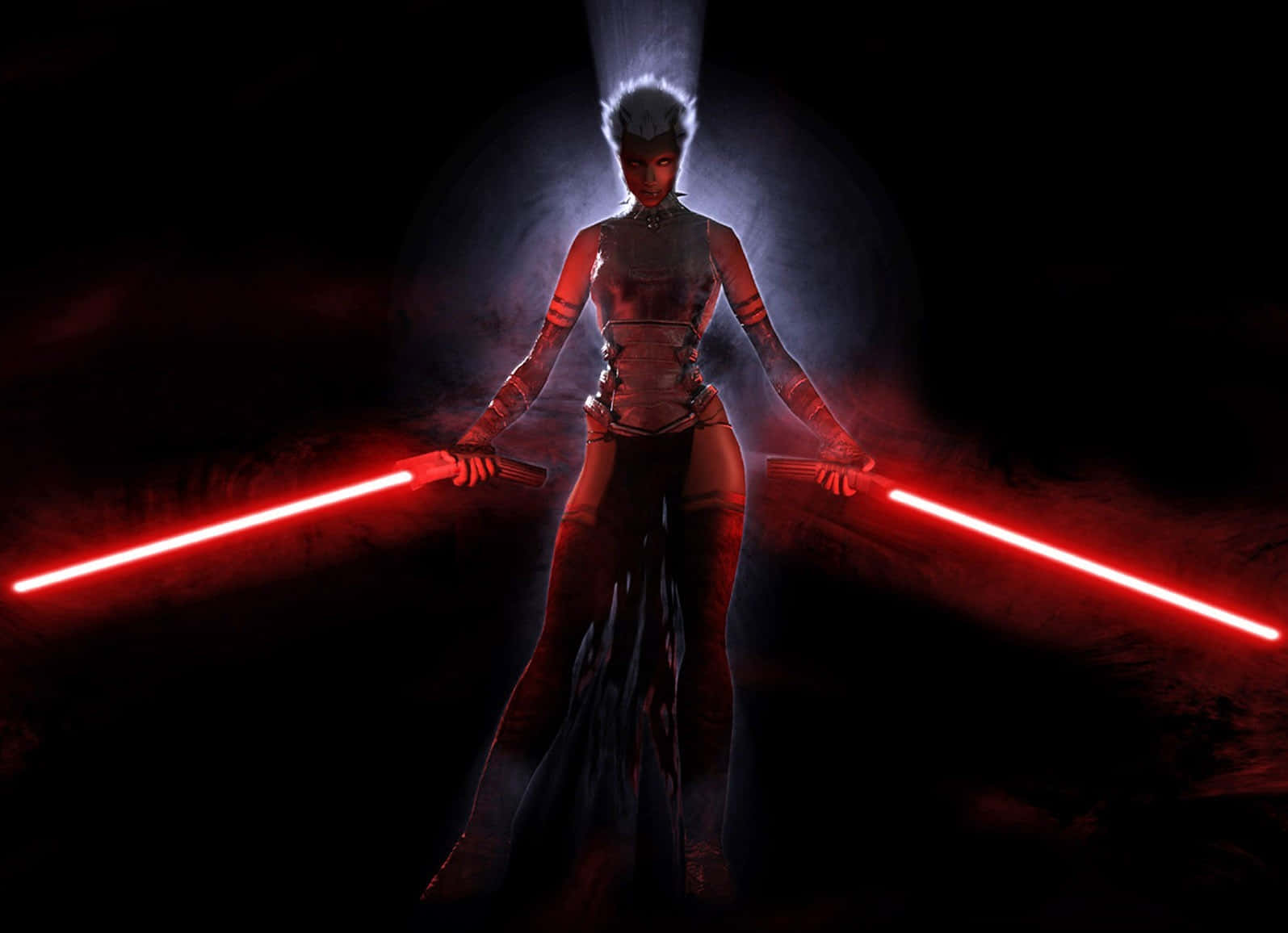 Sith Lord, dark-haired warrior, two glowing red lightsabers, HD Desktop Wallpaper