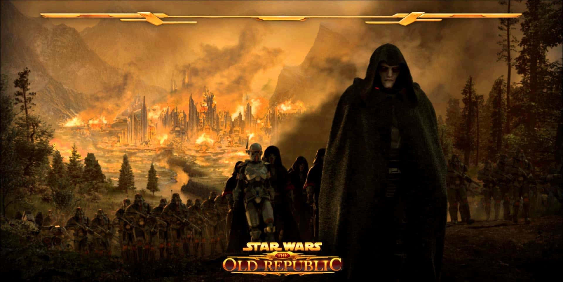 Sith Lord, burning futuristic cityscape, soldiers, Full HD Desktop Wallpaper