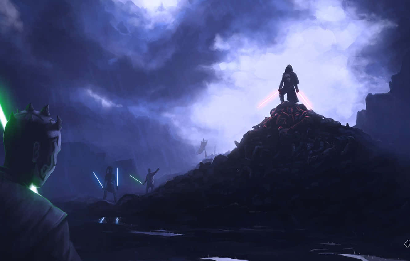Sith Lord, dual red lightsabers, rocky peak, HD Desktop Wallpaper