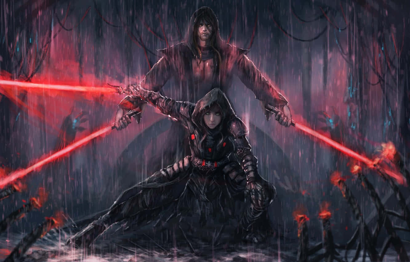 Sith Lord, glowing red blades, stormy rain, HD Desktop Wallpaper