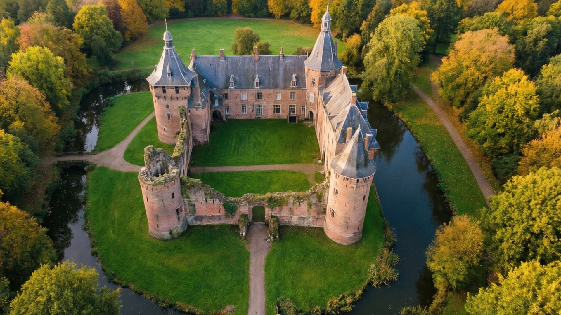 Sittard, castle ruins, aerial drone view, Full HD Desktop Wallpaper