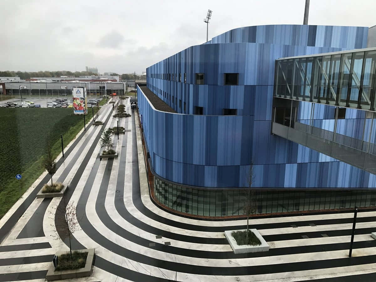 Sittard, modern blue building, curved metallic panels, SD Desktop Wallpaper