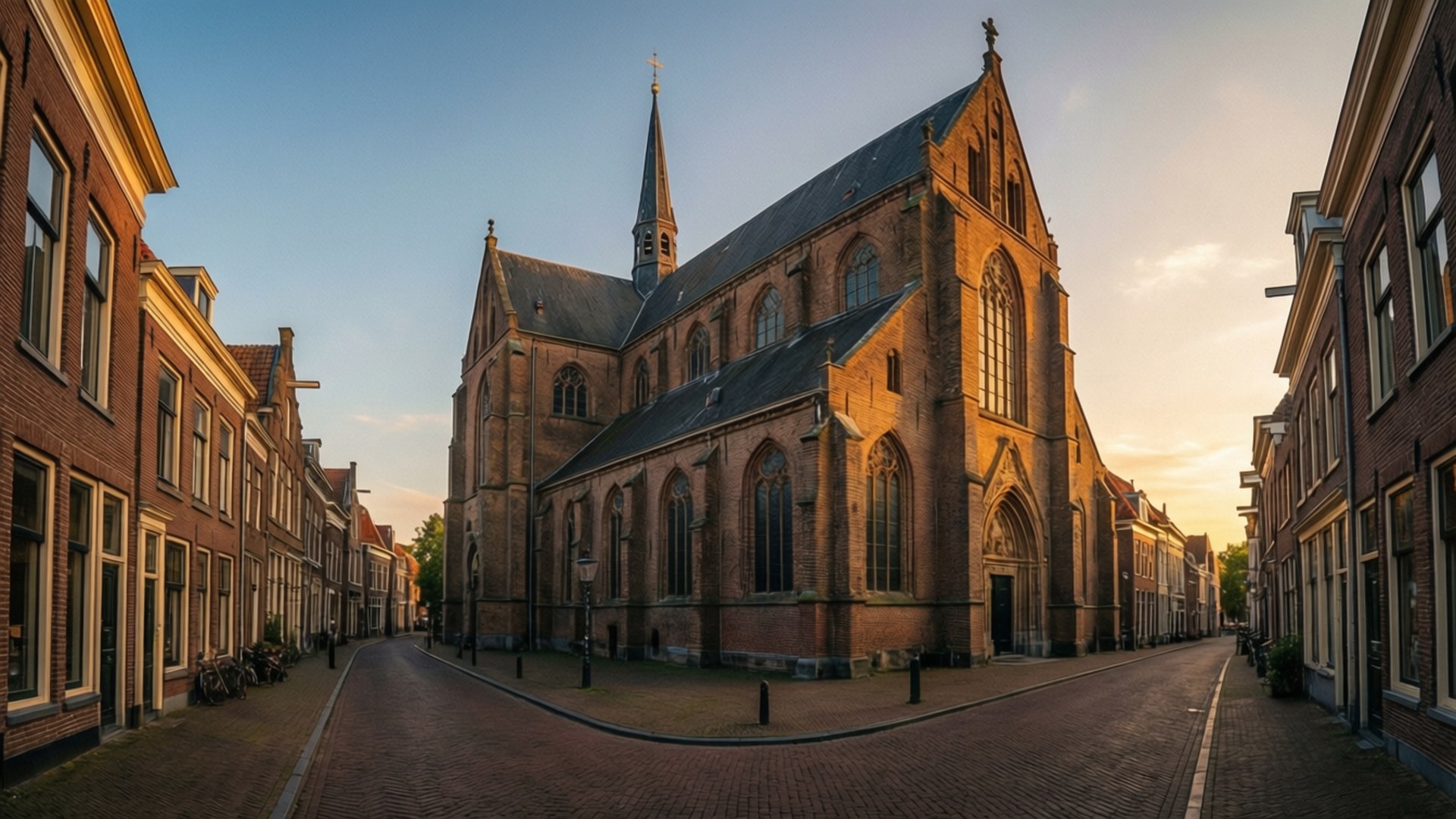 Sittard, golden hour, brick church, Full HD Desktop Wallpaper