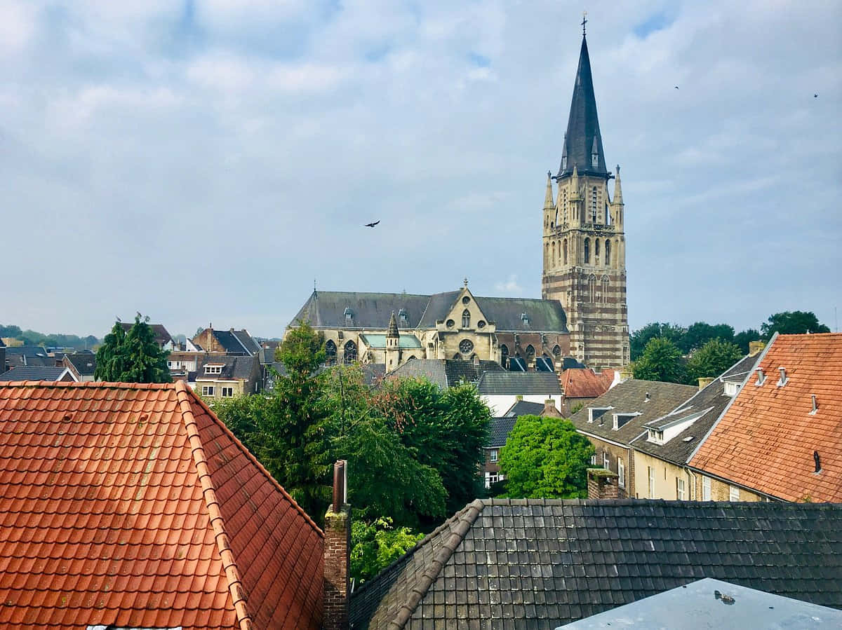 Sittard, church tower, red-tiled rooftops, SD Desktop Wallpaper
