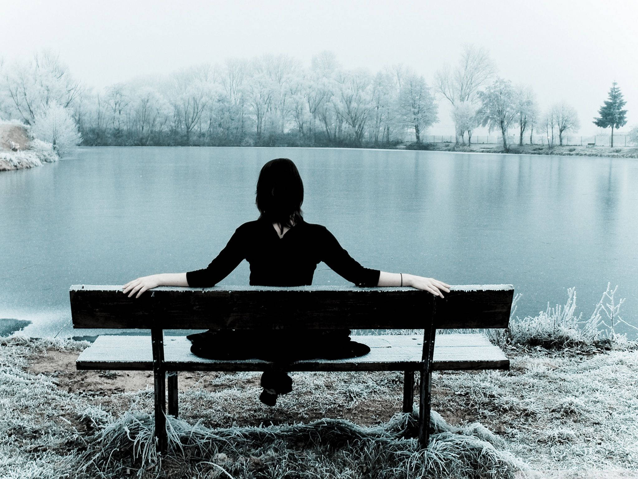 woman in black dress, frost-covered bench, misty frozen lake, Full HD Desktop Wallpaper