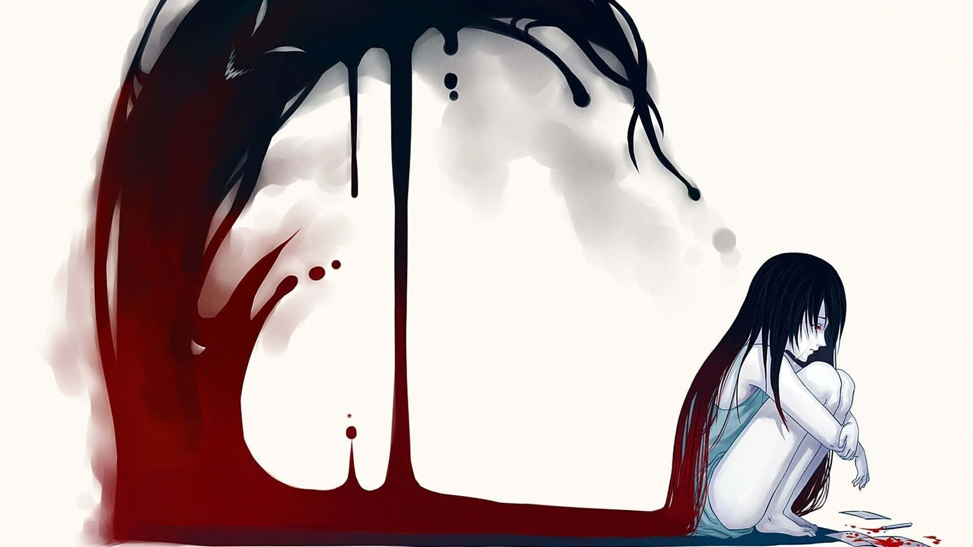 Sad Anime Girl, dripping red and black abstract form, stark white background, Full HD Desktop Wallpaper