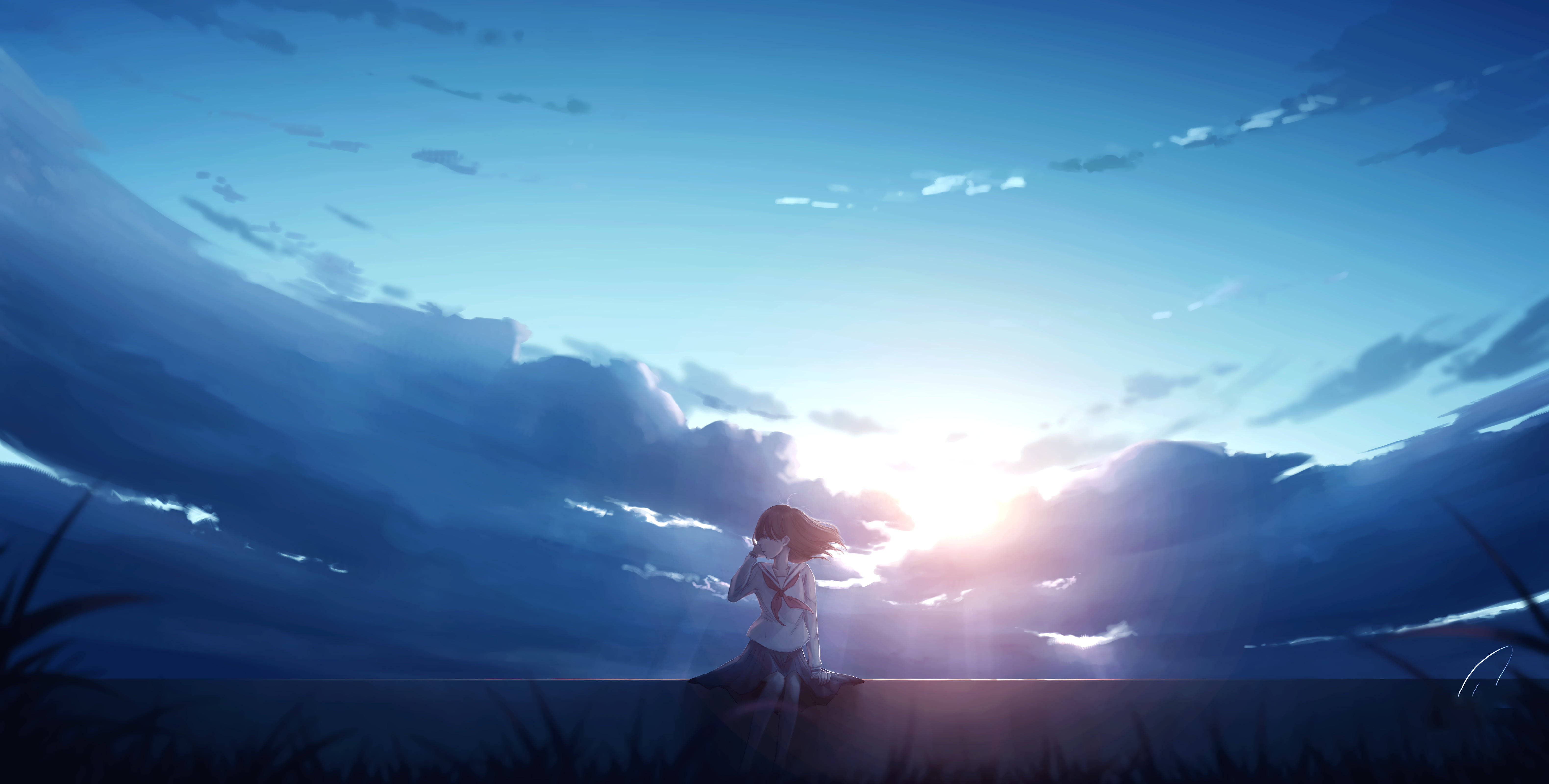 anime girl, cliff edge, sunset, 5K Desktop Wallpaper