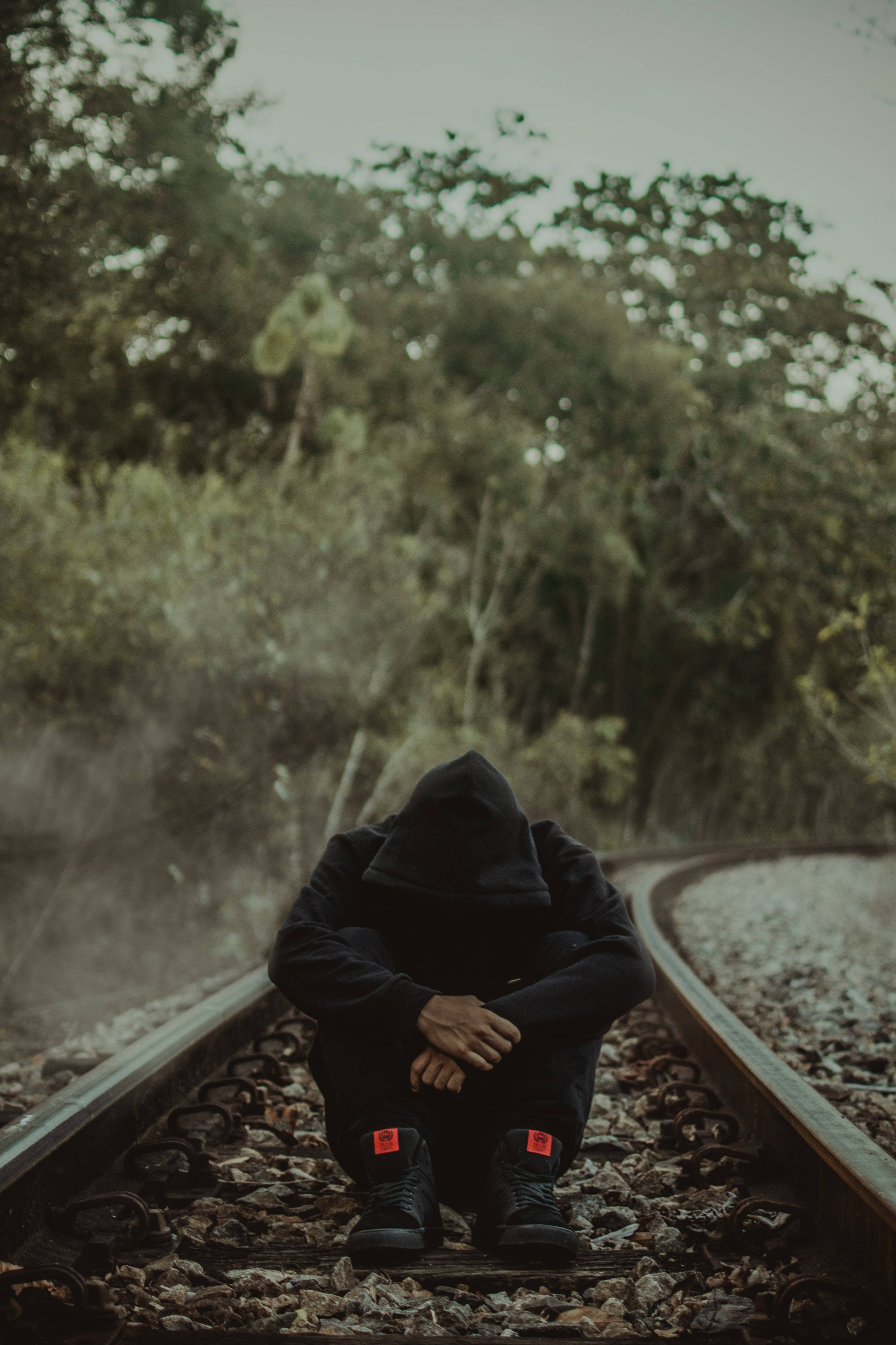 man, hooded figure, railway tracks, 4K Phone Wallpaper