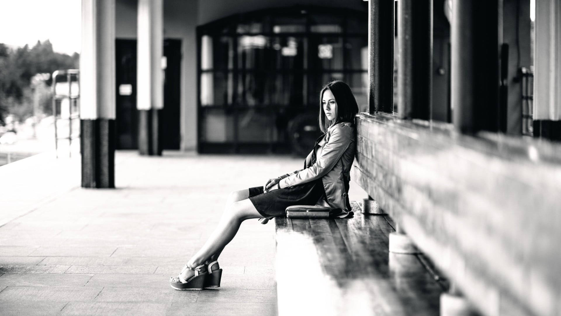 woman, leather jacket, bench, Full HD Desktop Wallpaper