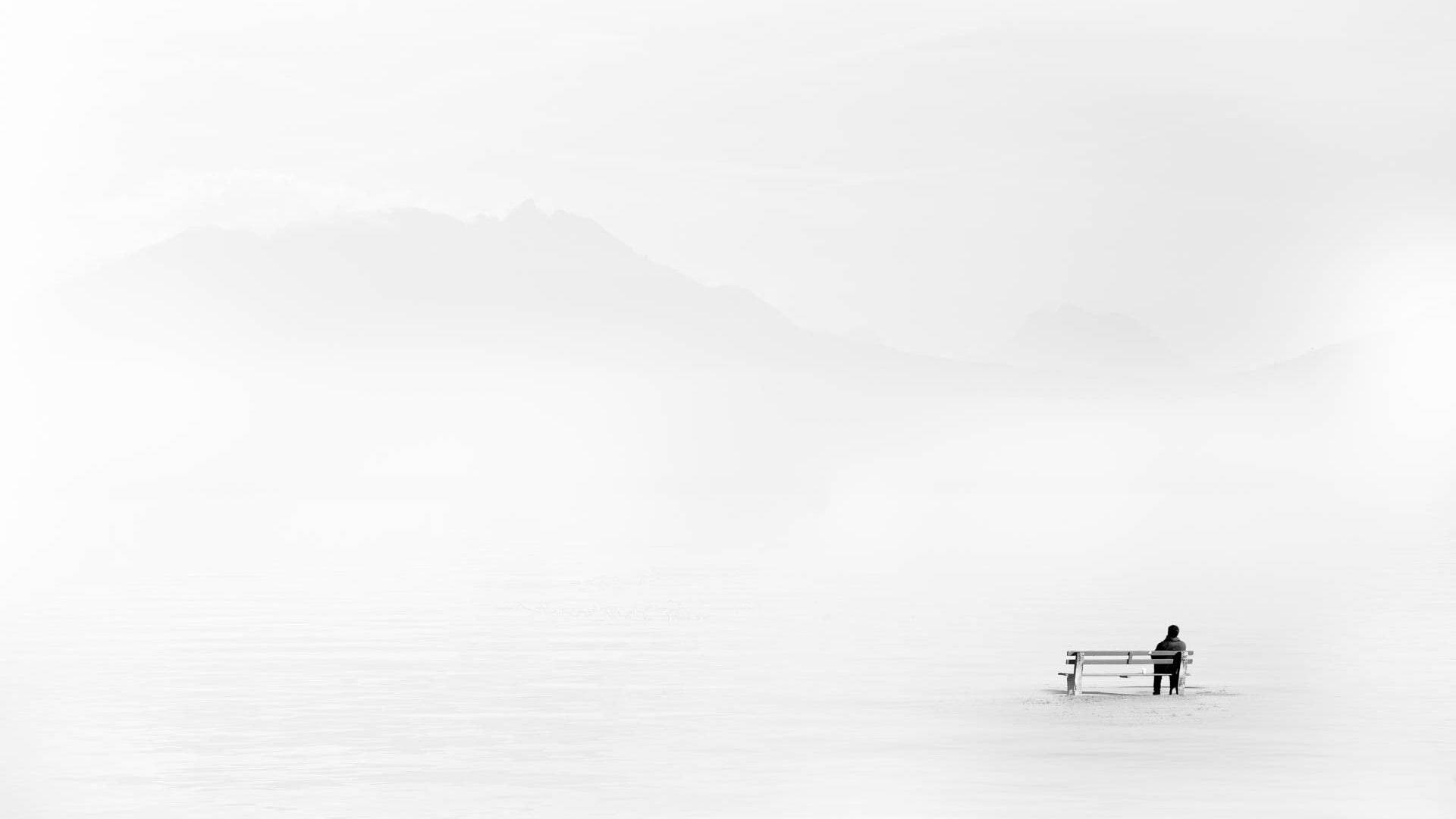 man, bench, snowy landscape, Full HD Desktop Wallpaper