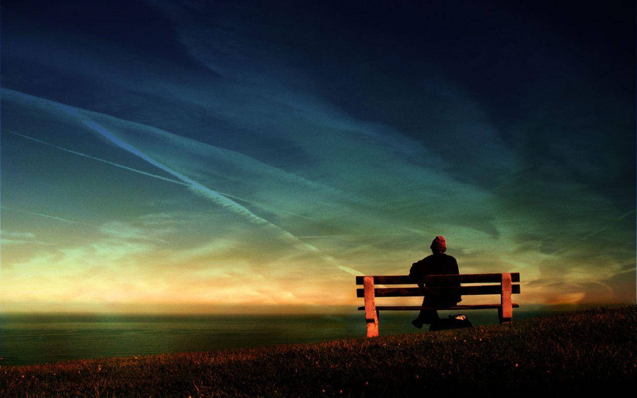 Love Alone On A Bench, red hat, wooden bench, HD Desktop Wallpaper