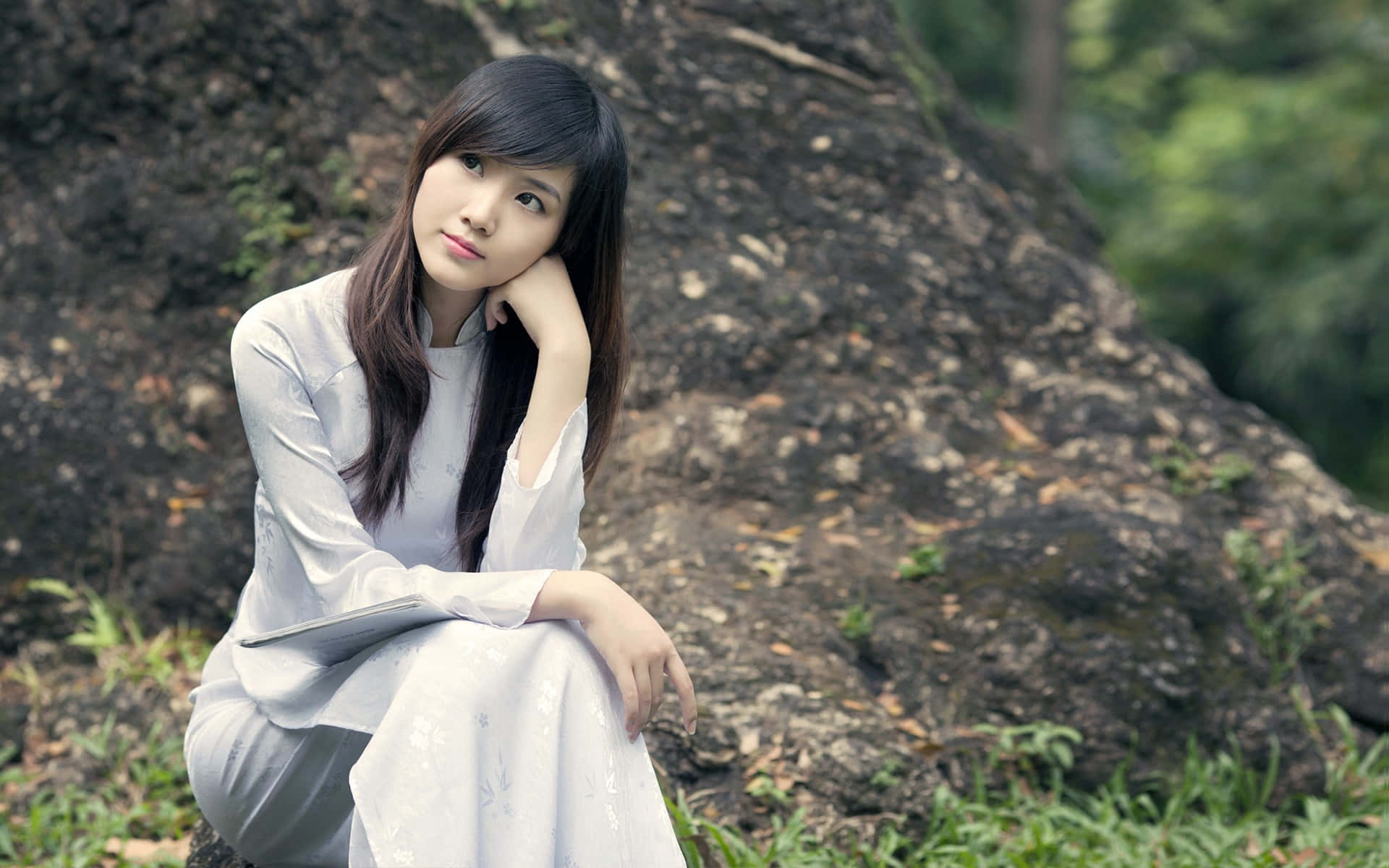 Asian, young woman, white dress, Full HD Desktop Wallpaper