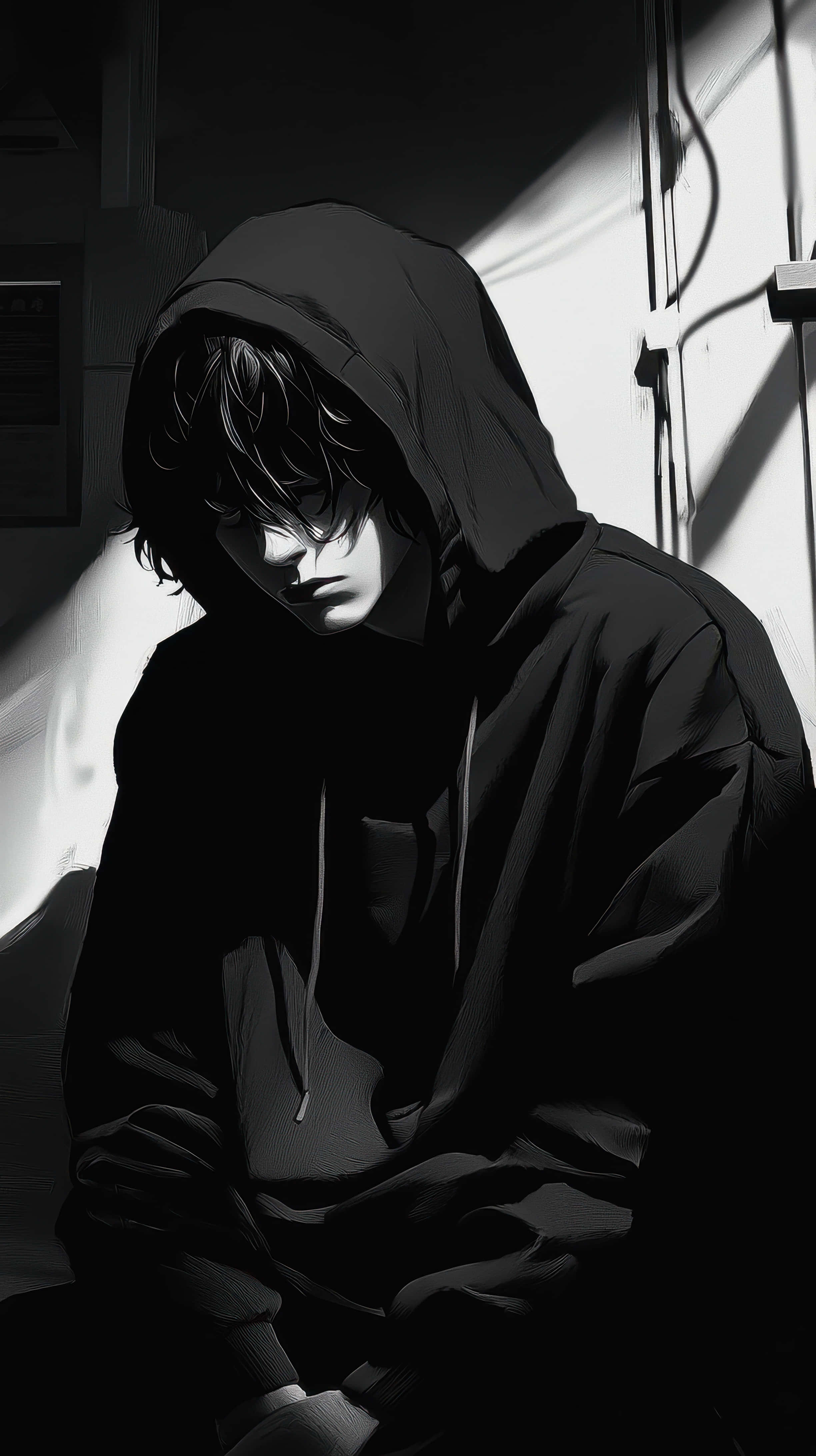 moody monochrome anime style, thoughtful man in a hoodie, black hoodie, 4K Phone Wallpaper