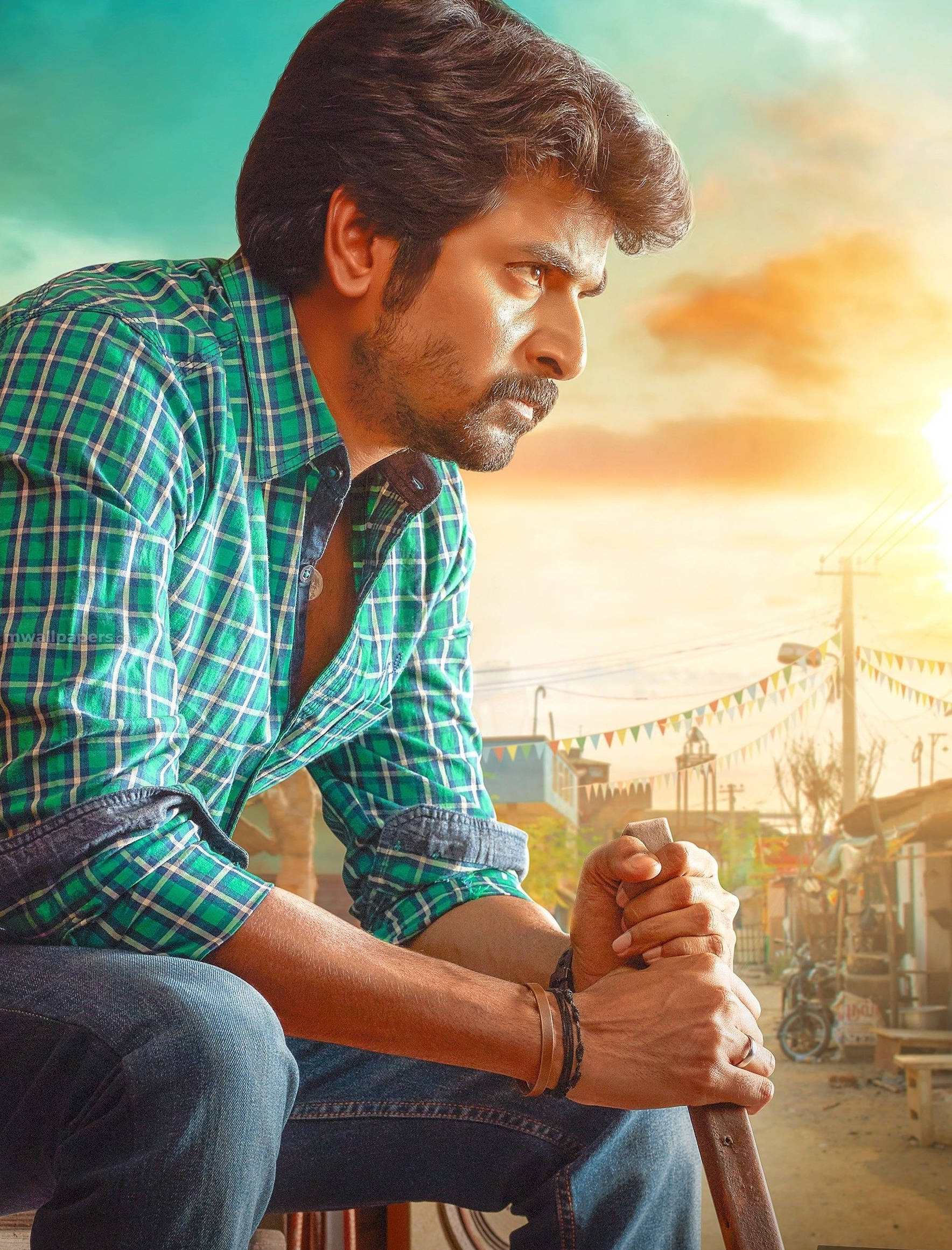 Sivakarthikeyan, green plaid shirt, stool, Full HD Phone Wallpaper