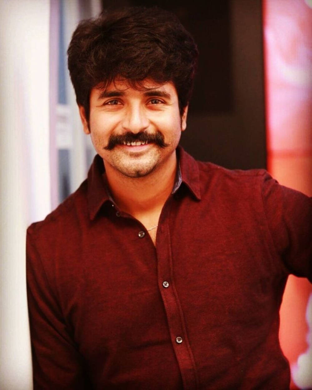 Sivakarthikeyan, maroon button-up shirt, thick mustache, SD Phone Wallpaper