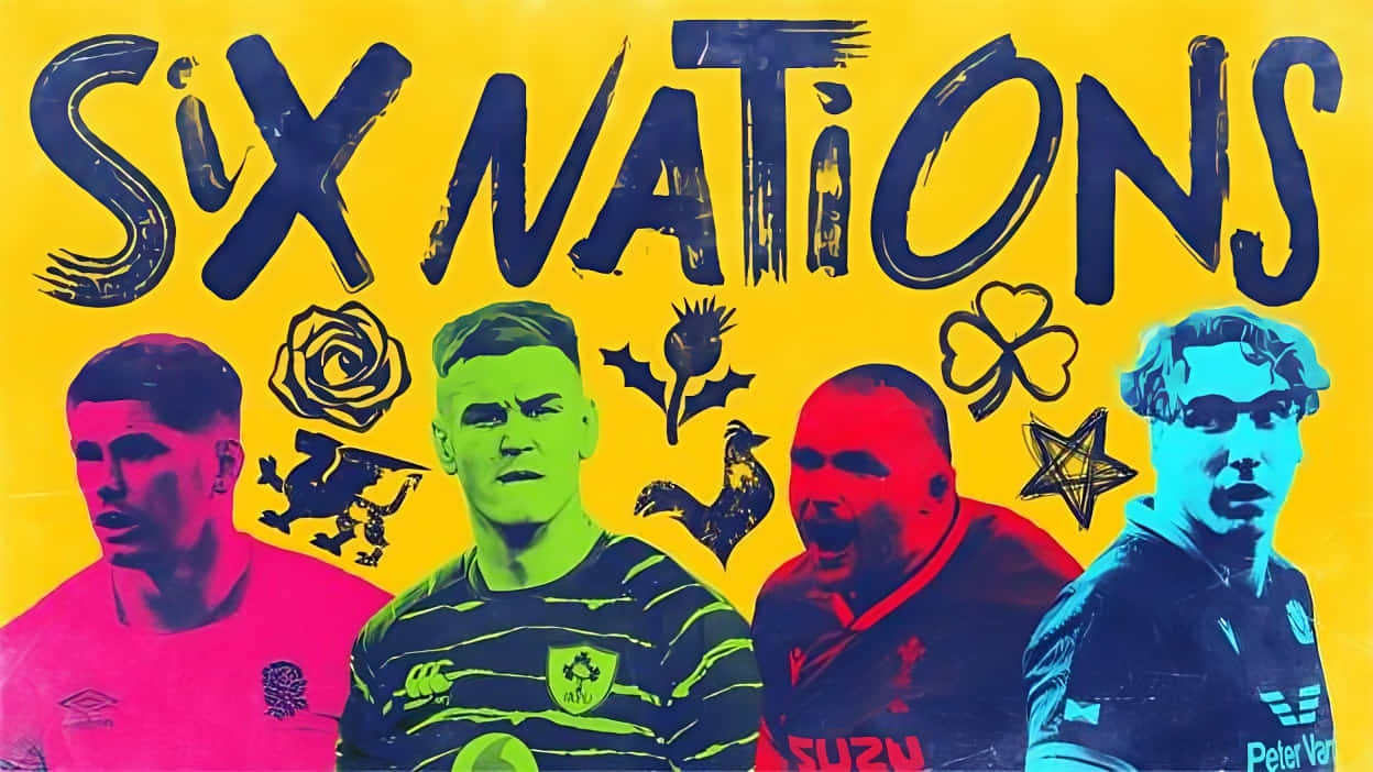 Six Nations, vibrant pop-art poster, four rugby players, SD Desktop Wallpaper