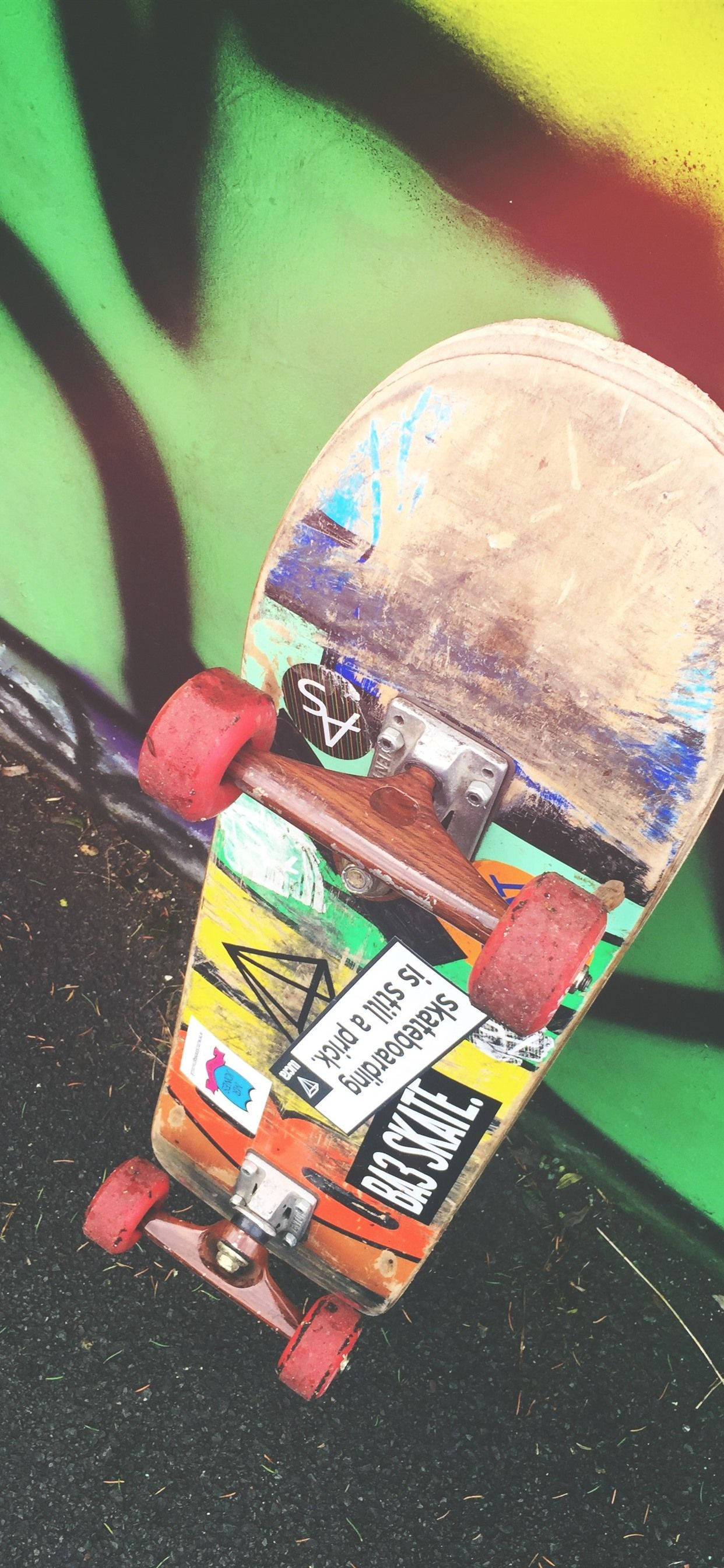 skateboard, red wheels, colorful stickers, 2K Phone Wallpaper
