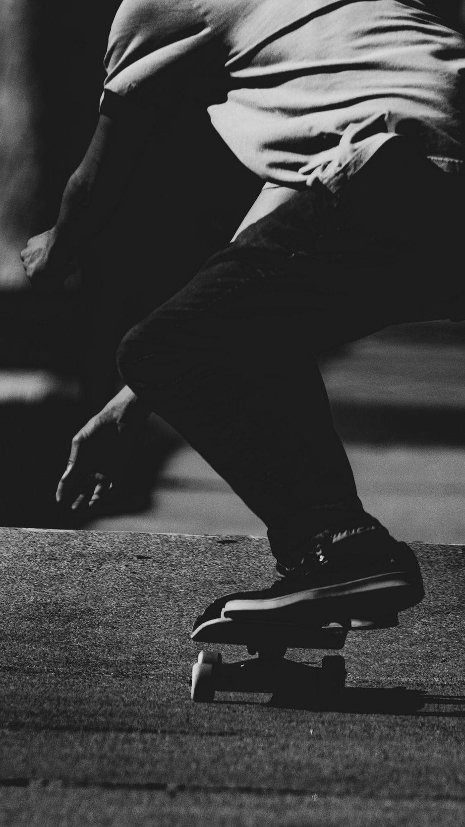 skateboarder, textured pavement surface, black and white, HD Phone Wallpaper