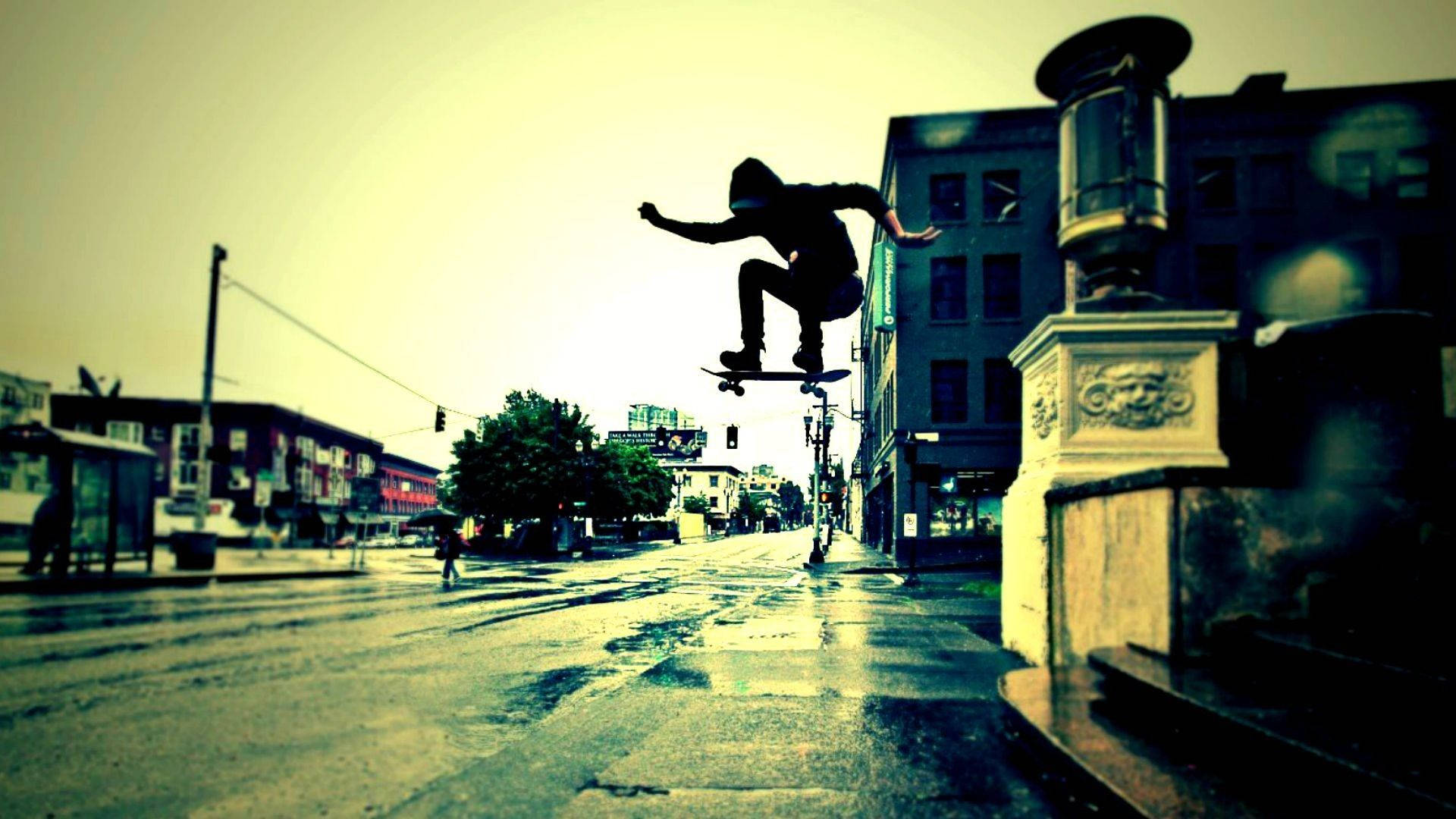 skateboard, street, wet urban street, Full HD Desktop Wallpaper
