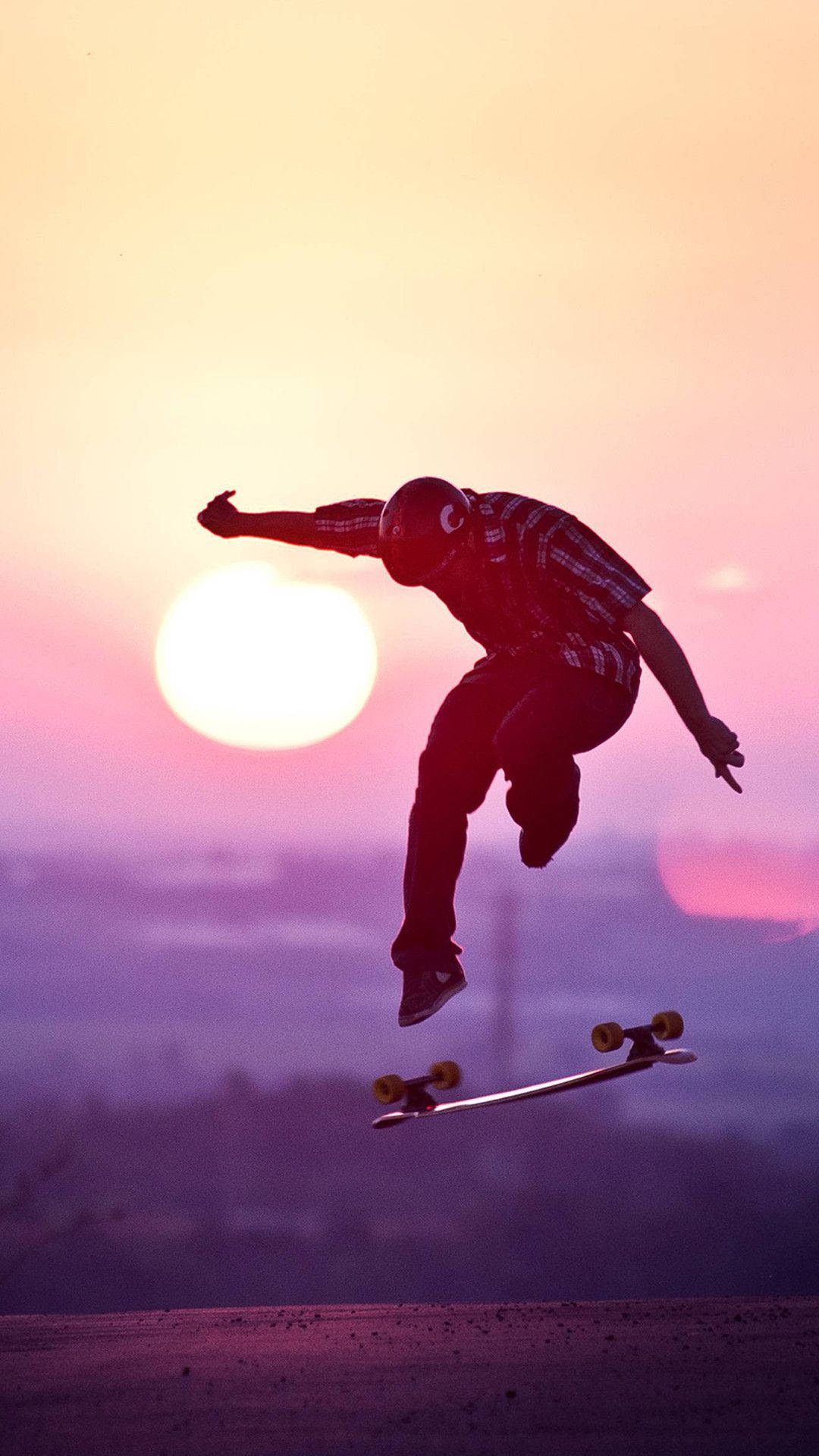 skateboarder, silhouetted, glowing sunset, Full HD Phone Wallpaper