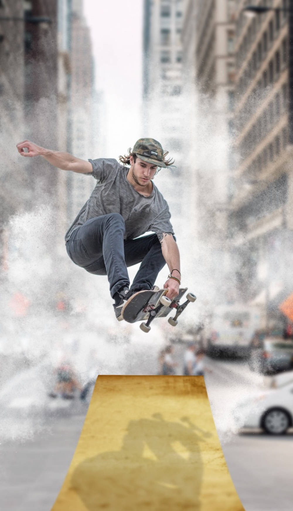 skateboarder, mid-air performing a trick, golden ramp, HD Phone Wallpaper