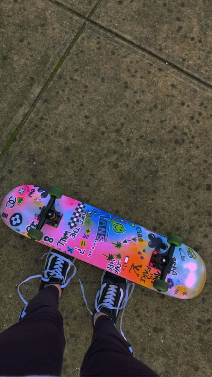 retro skateboard, colorful stickers, concrete sidewalk, SD Phone Wallpaper