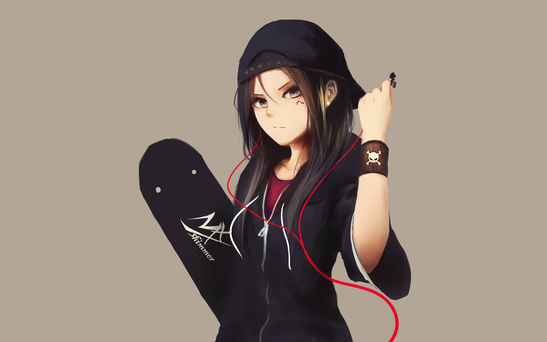 anime skater girl, black hoodie, skateboard, Full HD Desktop Wallpaper