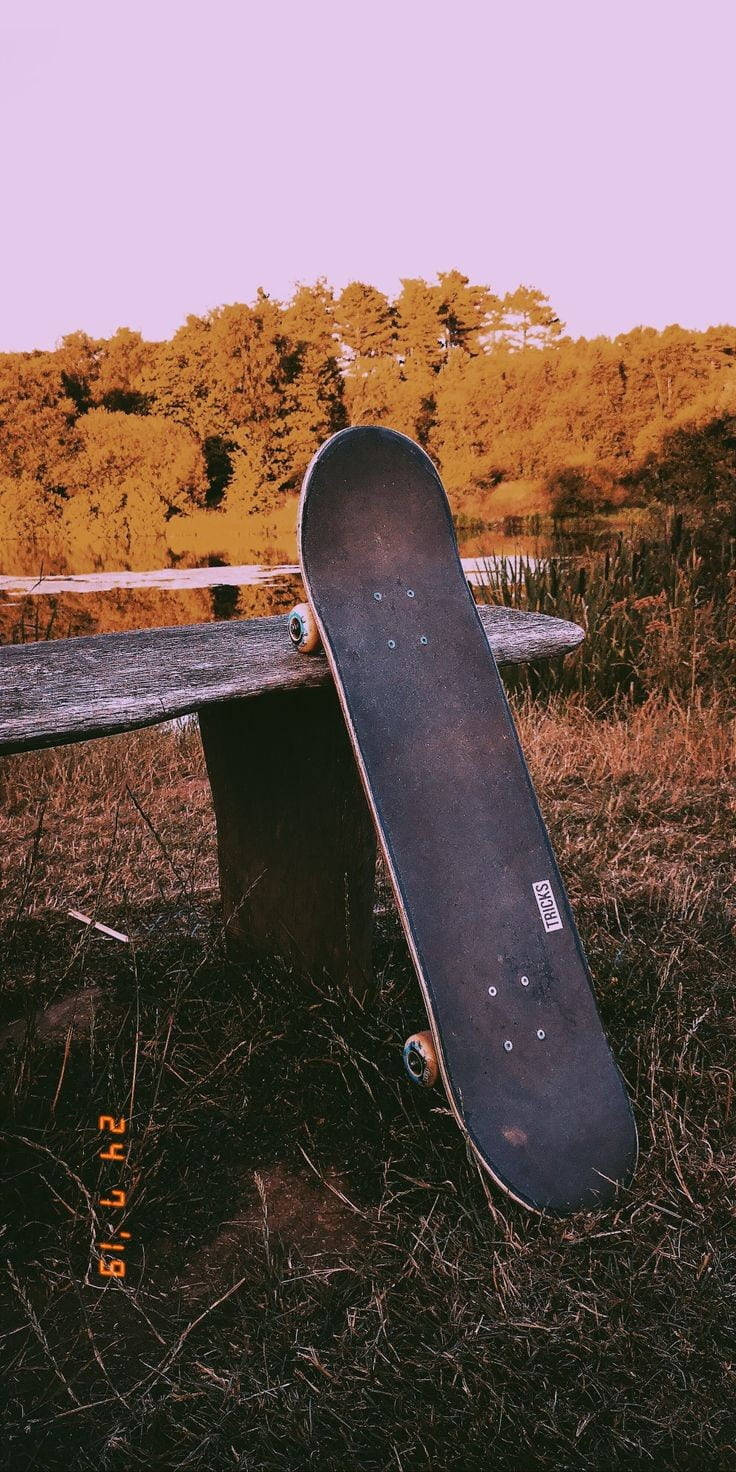 skateboard, wooden bench, calm lake, HD Phone Wallpaper