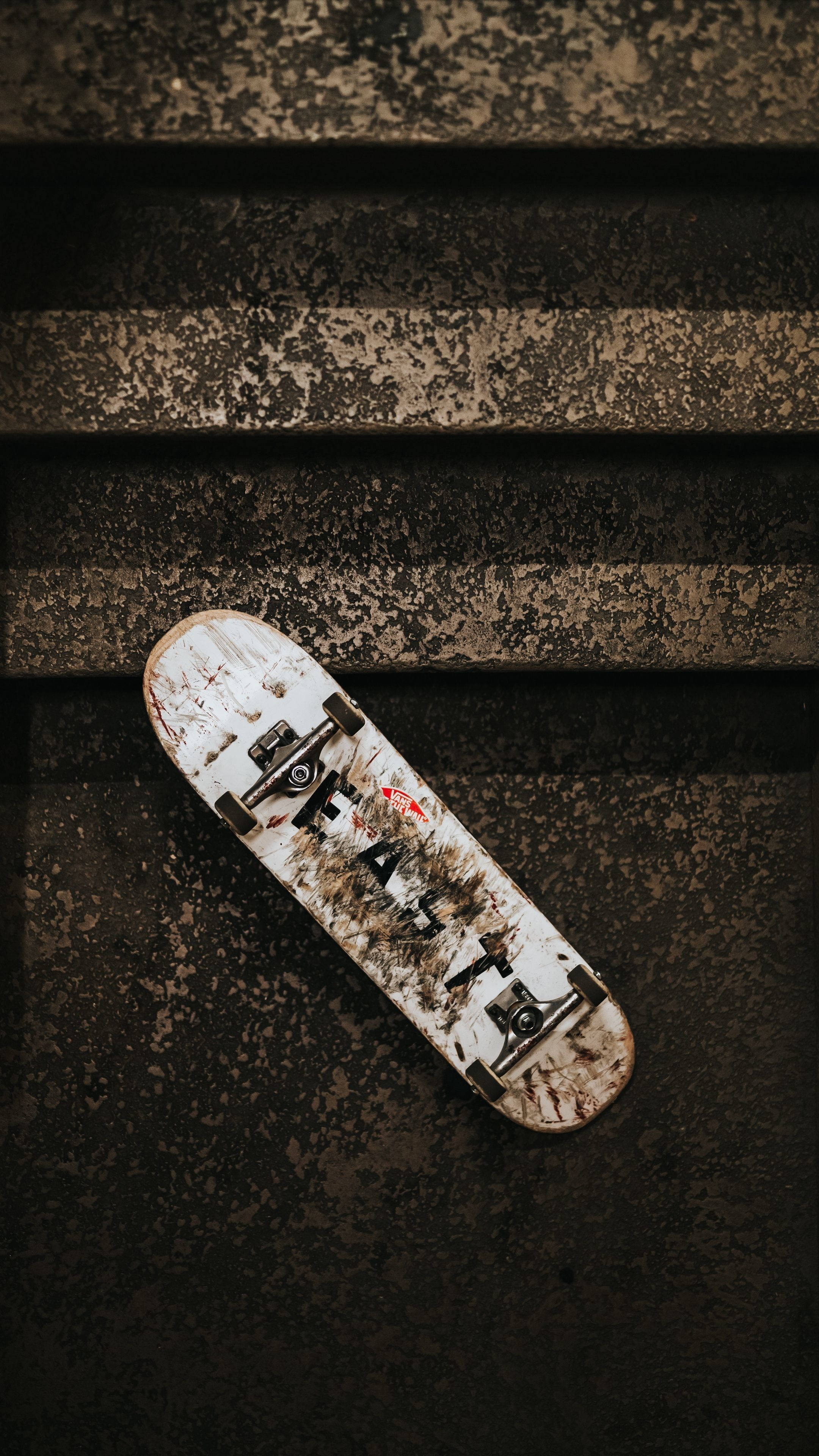 concrete stairs, skateboard, white skateboard, 4K Phone Wallpaper