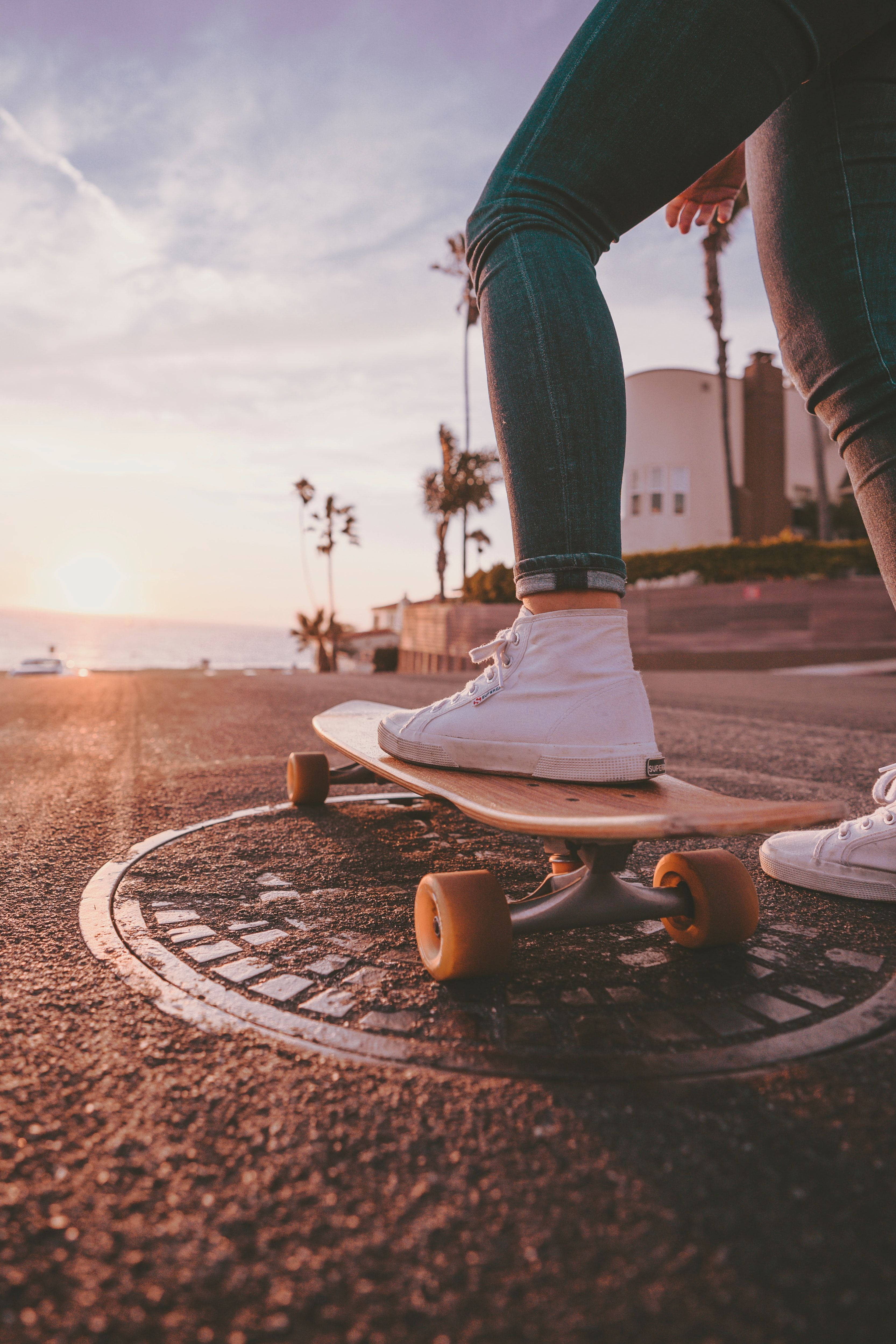 white sneakers, jeans, longboard, 4K Phone Wallpaper