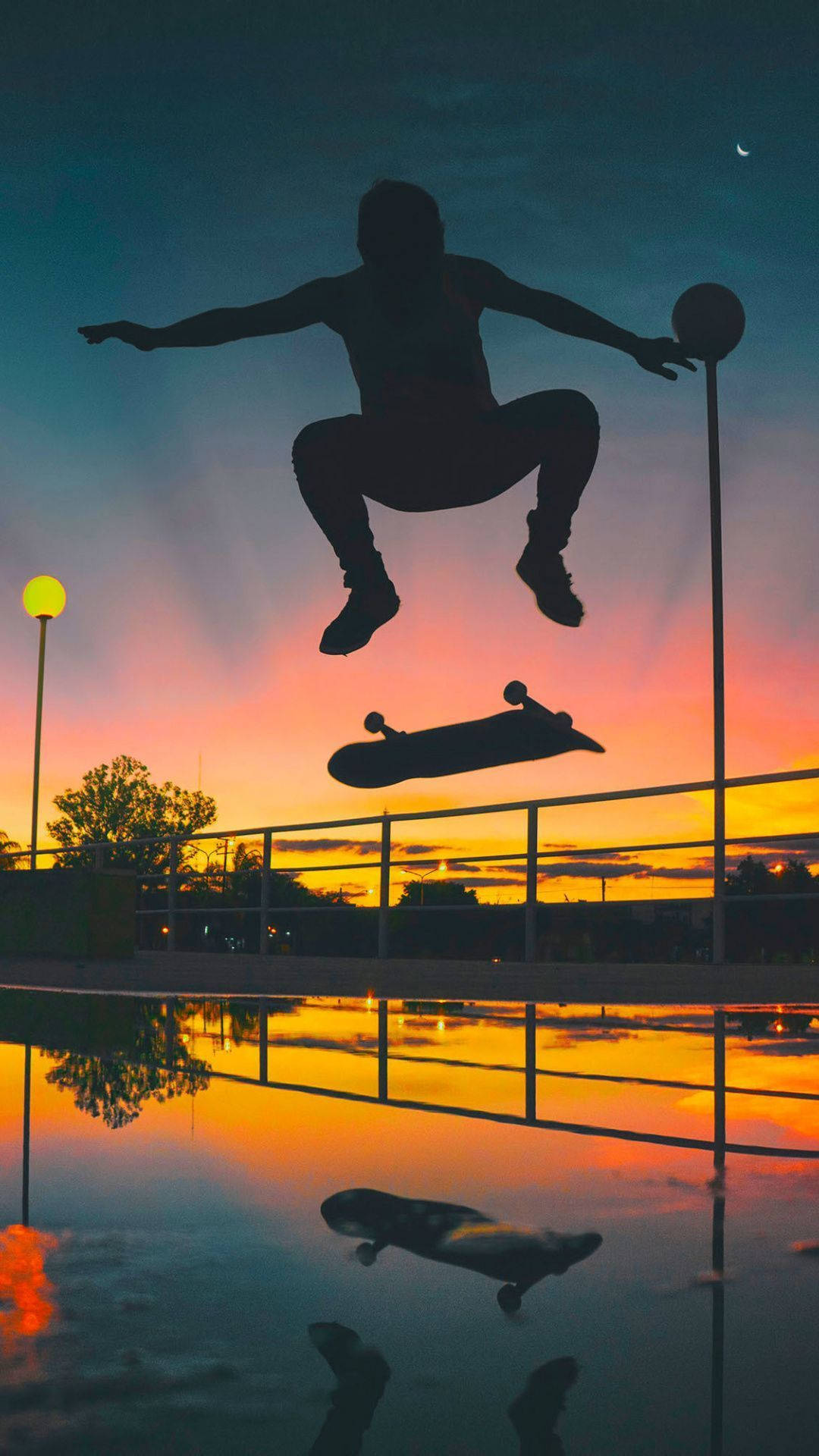 skateboarder, silhouette, sunset, Full HD Phone Wallpaper