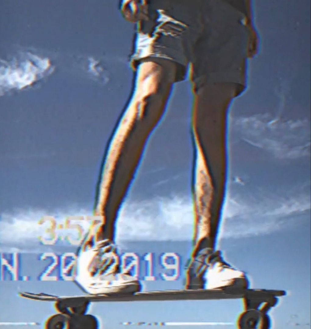 vintage skateboarder, blue sky, glitchy blue sky, SD Phone Wallpaper