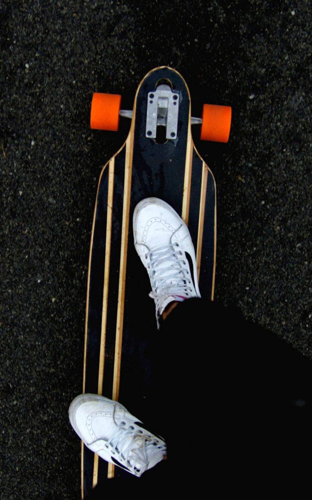 white sneakers, orange skateboard wheels, longboard, HD Phone Wallpaper