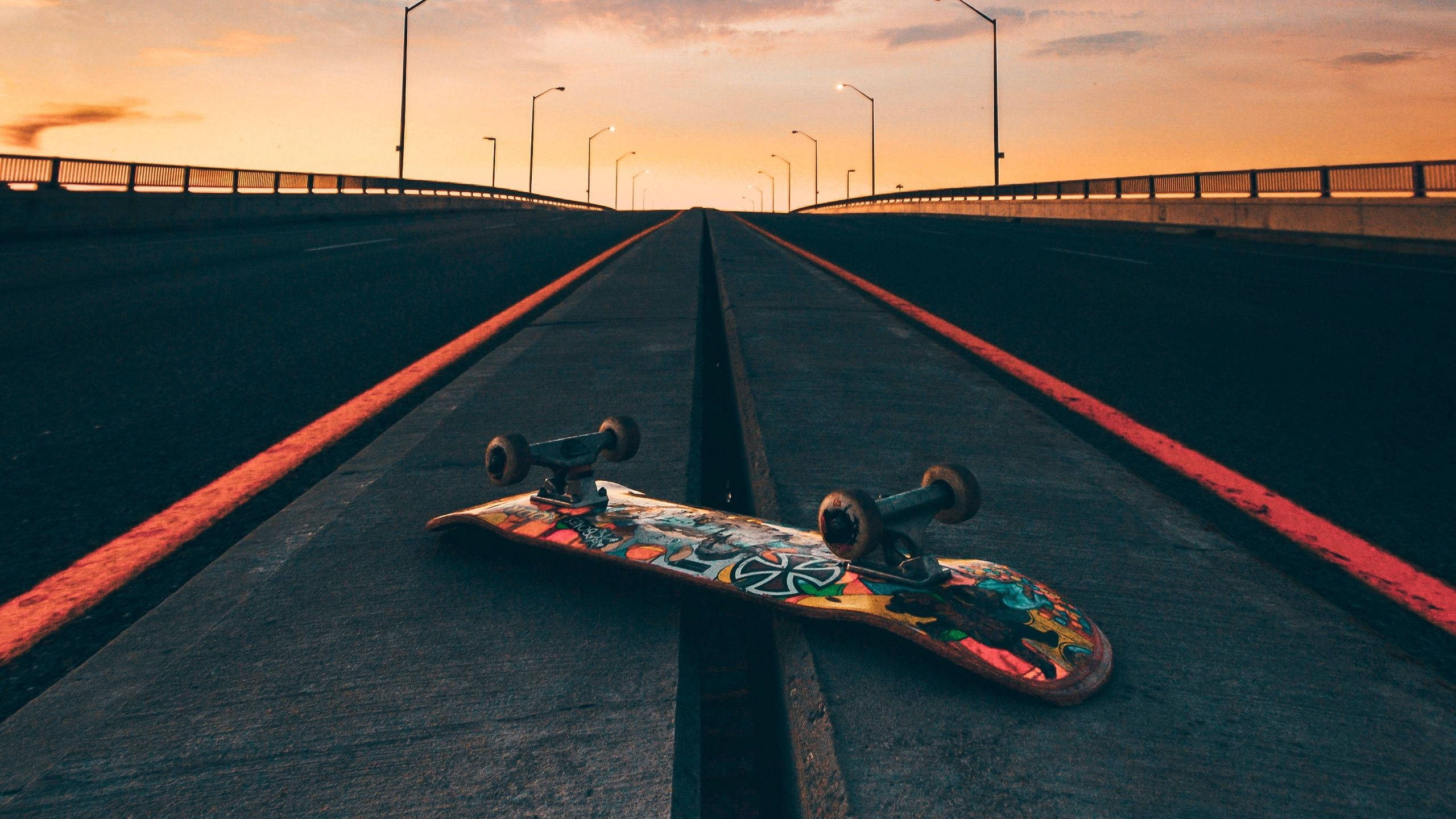 skateboard, sunset, bridge, 2K Desktop Wallpaper