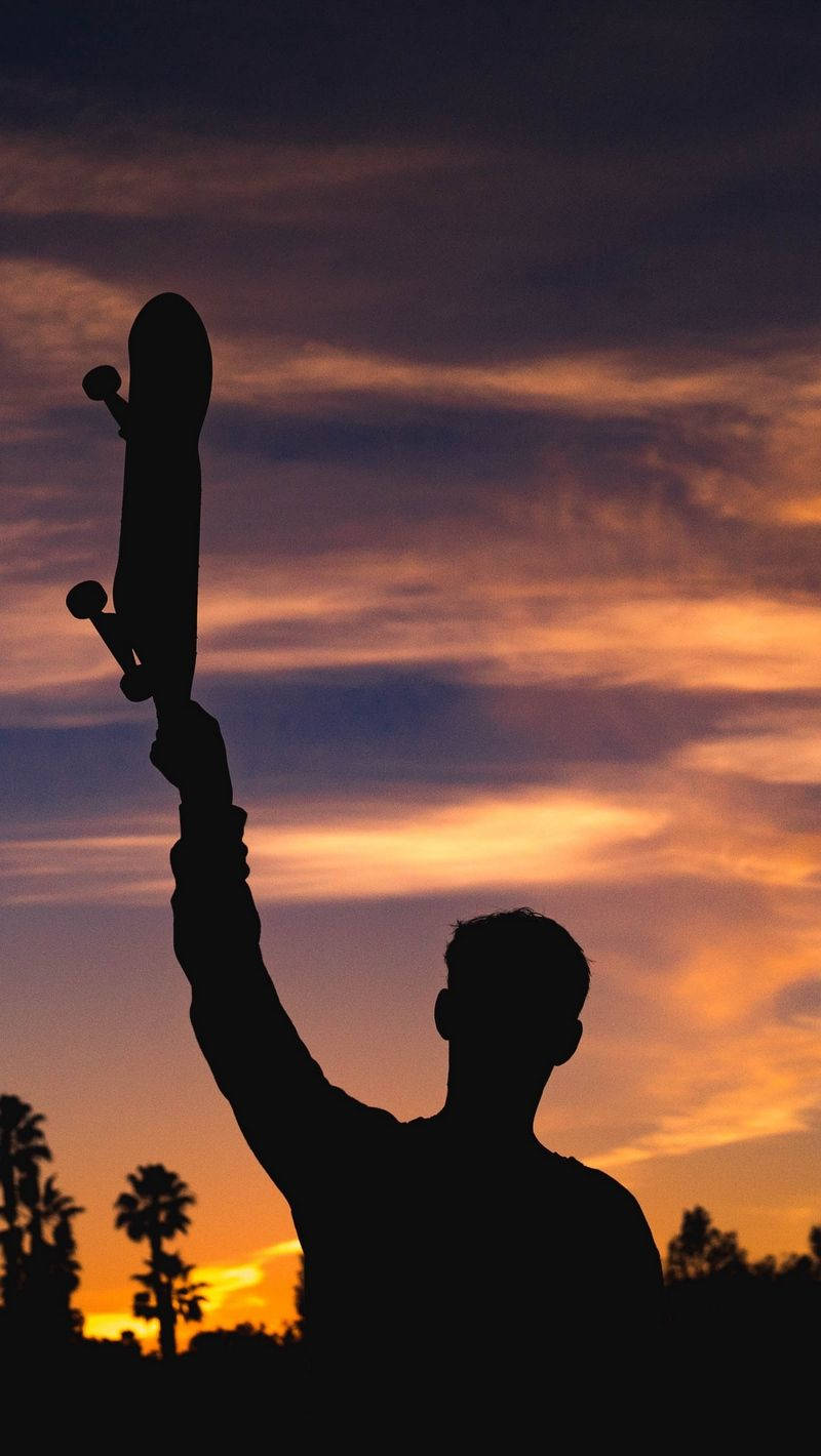 silhouette, skateboard, sunset sky, HD Phone Wallpaper