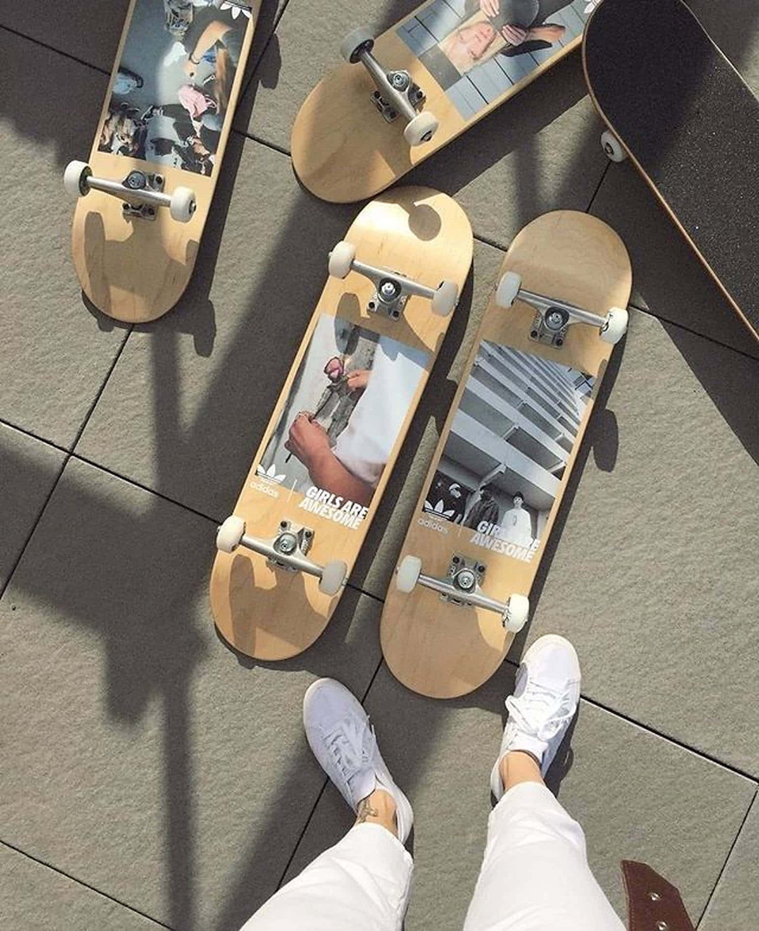 skater girl aesthetic, skateboards, printed graphics, Full HD Phone Wallpaper