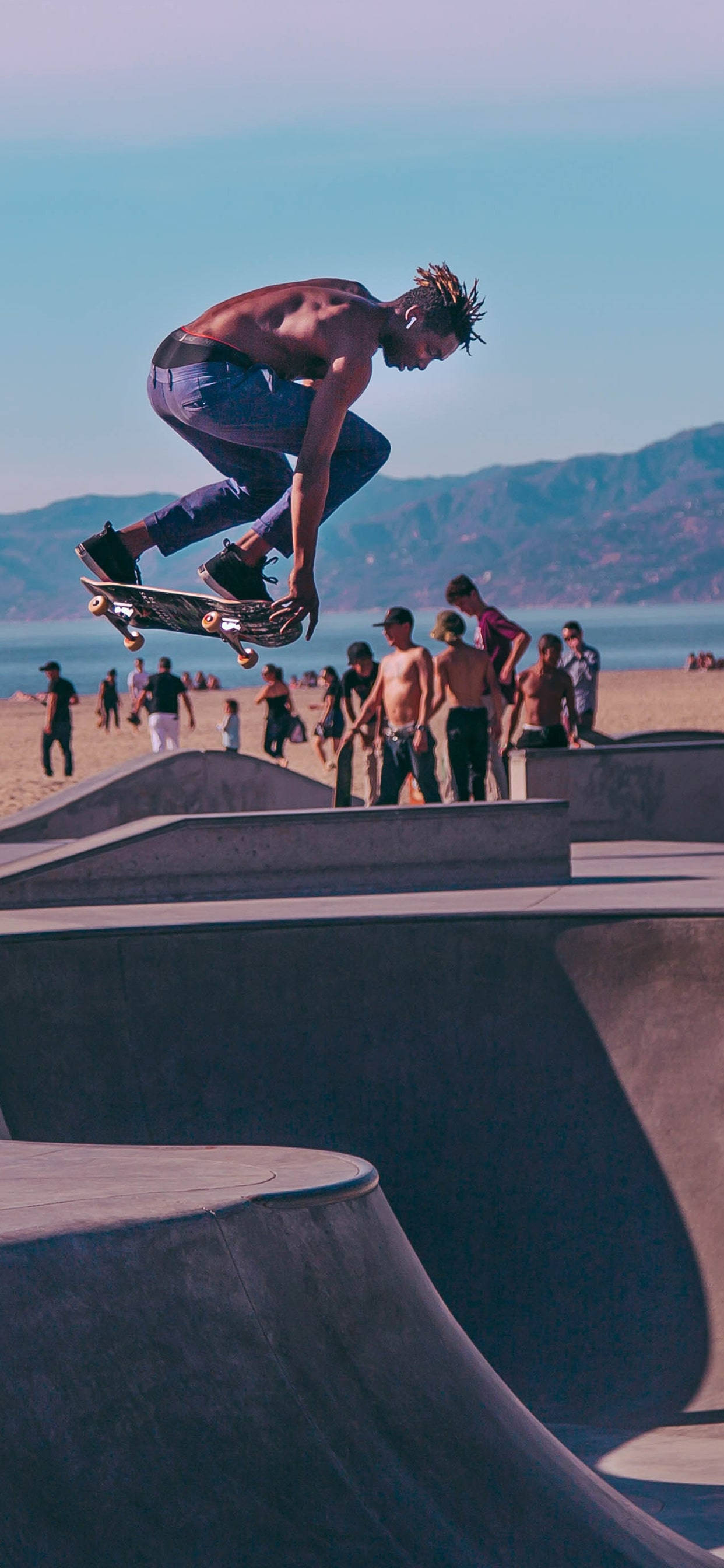 skateboarder, concrete ramps, sunny beachside skatepark, 2K Phone Wallpaper