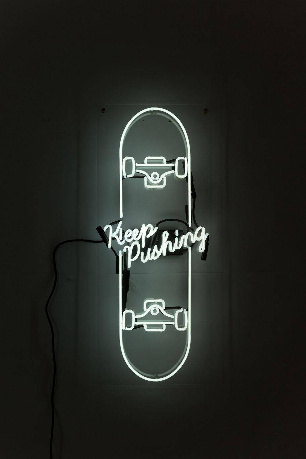 white neon sign, skateboard, Keep Pushing, HD Phone Wallpaper