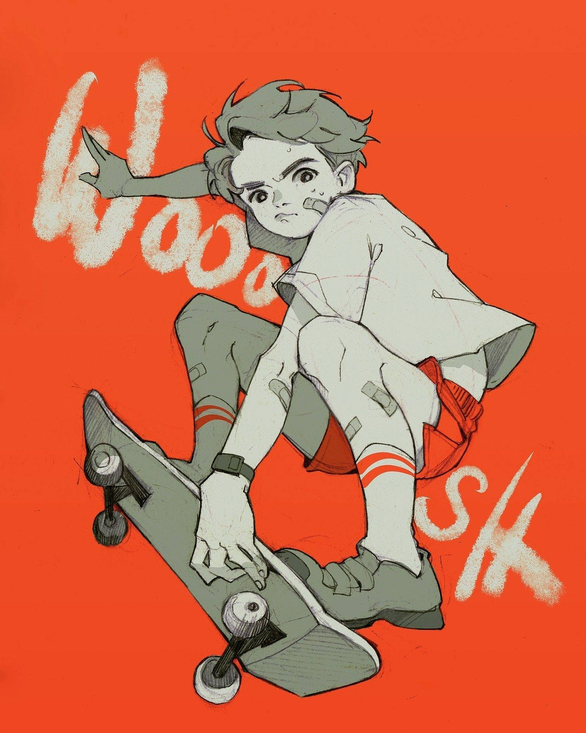 orange aesthetic skater boy, anime-style skateboarder, mid-air, Full HD Phone Wallpaper
