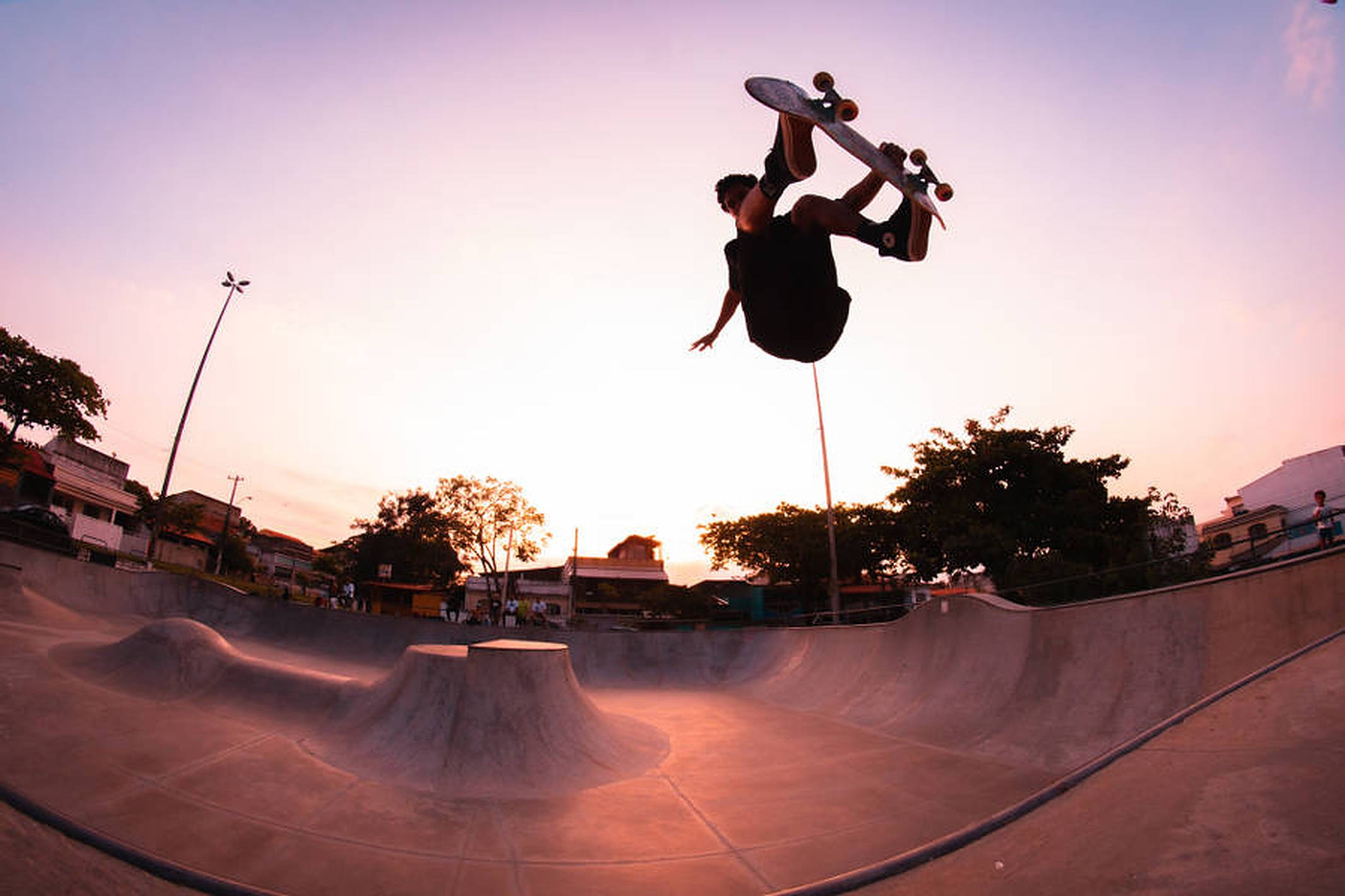 skateboarder, concrete skatepark, sunset, Full HD Desktop Wallpaper