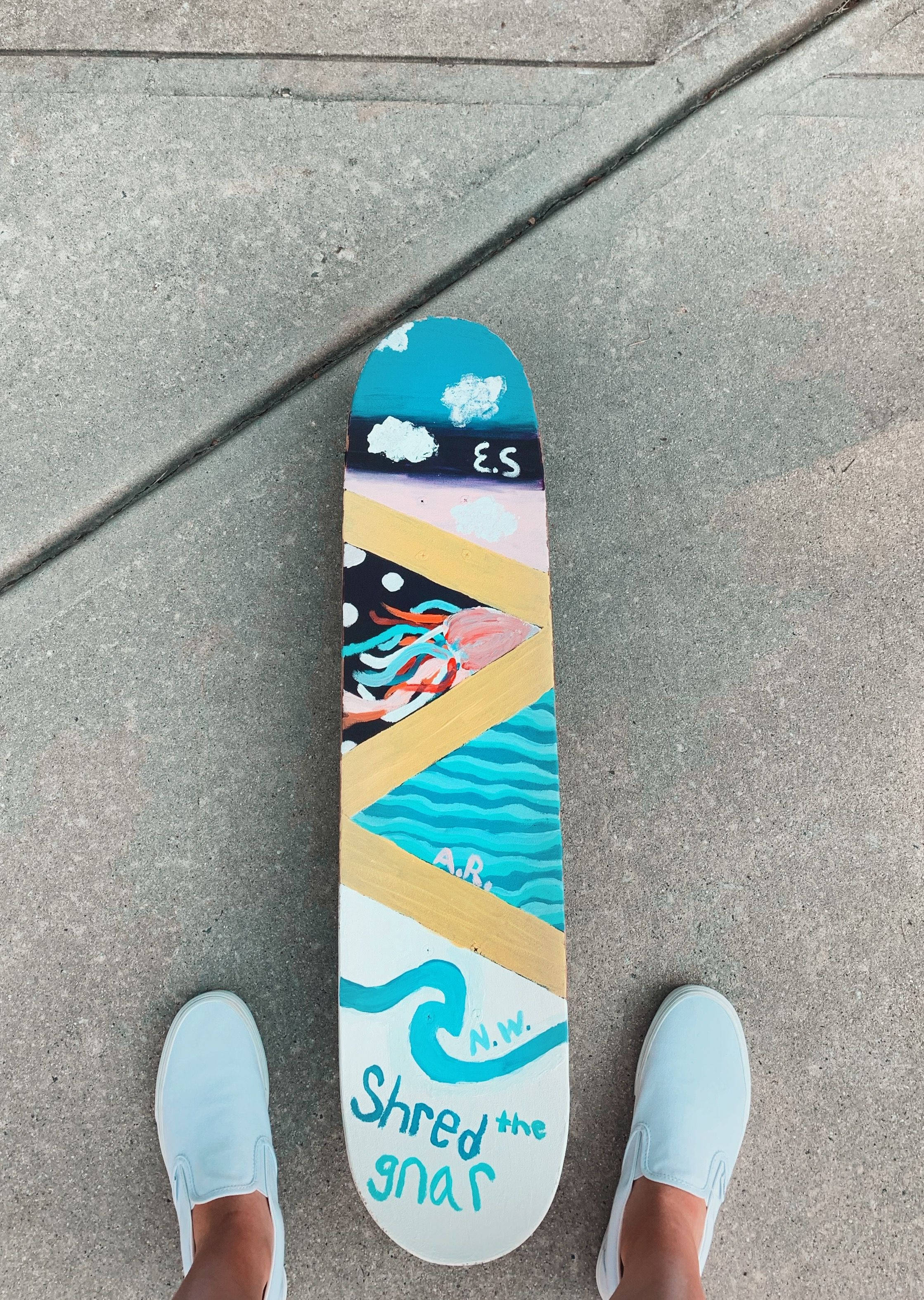 Skater Boy Aesthetic, white shoes, hand-painted skateboard, 2K Phone Wallpaper